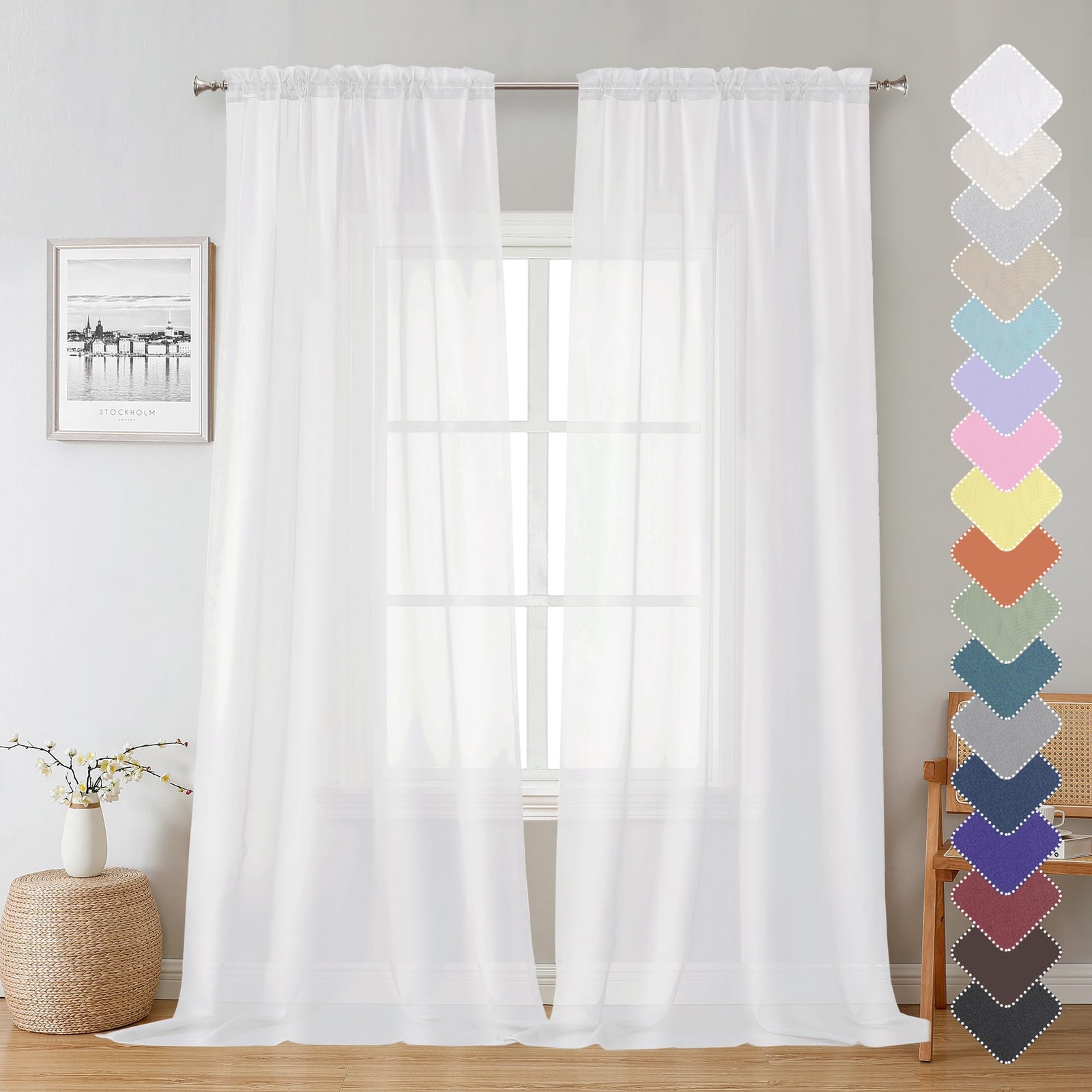 Lecloud Sheer Curtain Panels Set 96″ Inches 40″W x 96″L (Pack of 2), White