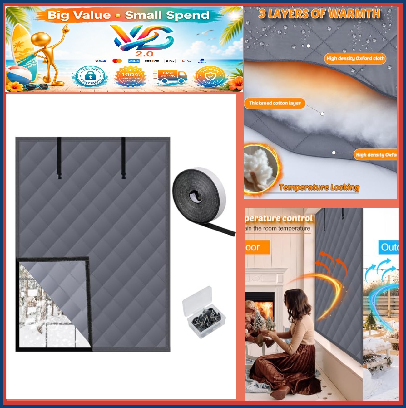 3 Layer Thermal Insulated Window Cover 47x63in Roll-Up with Hook & Loop