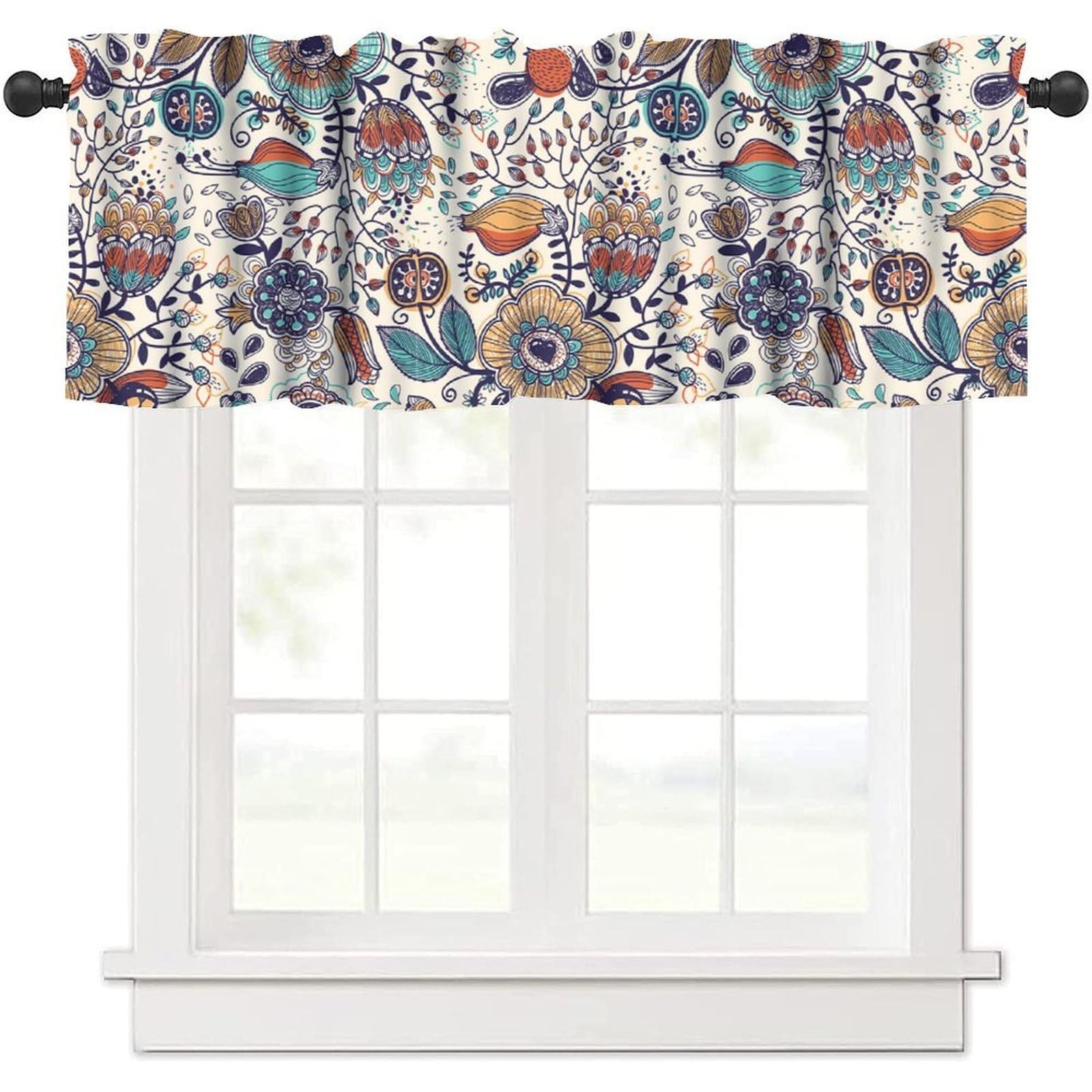 Abstract Floral Boho Valance Kitchen Curtain Minimalist Flowers Art Printed V…