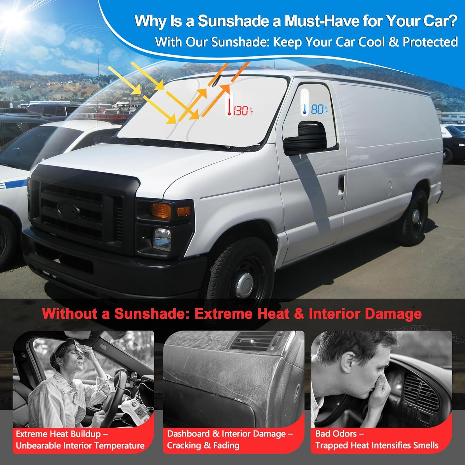 Front Side Window Sun Shade Silver & Black-Fit Ford E-150 E-250 E-350 E-450