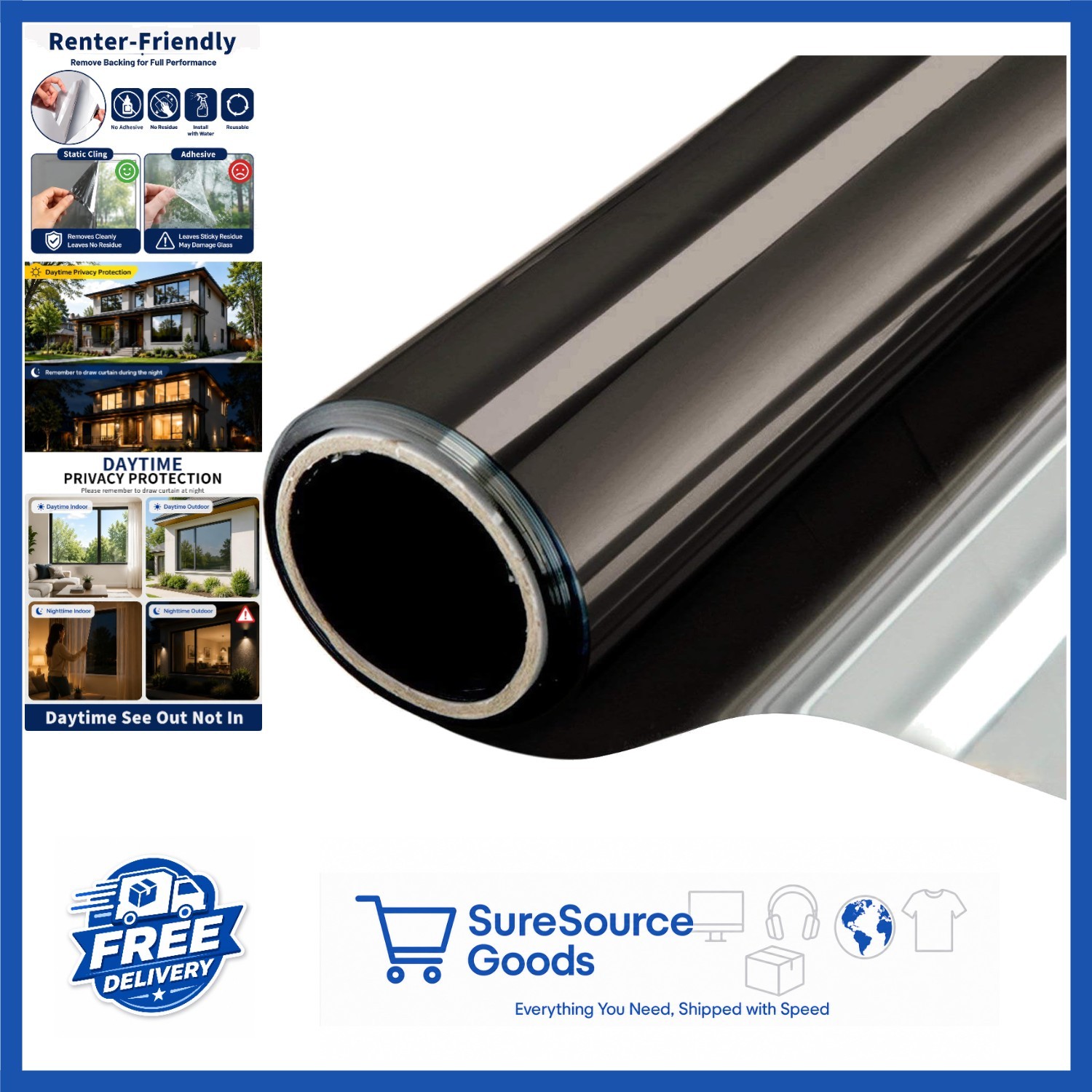Static Cling Window Film Black Silver 17.5Inch x 6.5Feet UV Blocking Privacy