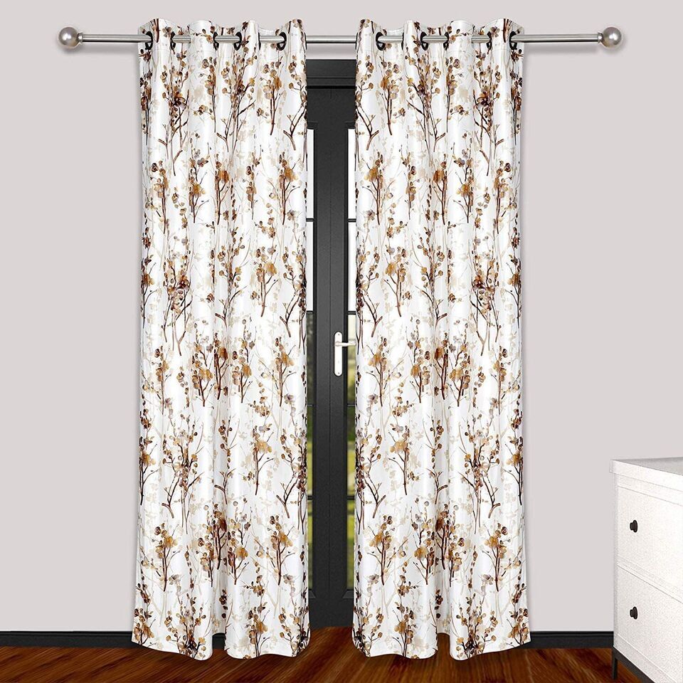 2 Piece Floral Print Ringtop Grommet Door Window Curtains Set 5 7 9 Feet-Brown