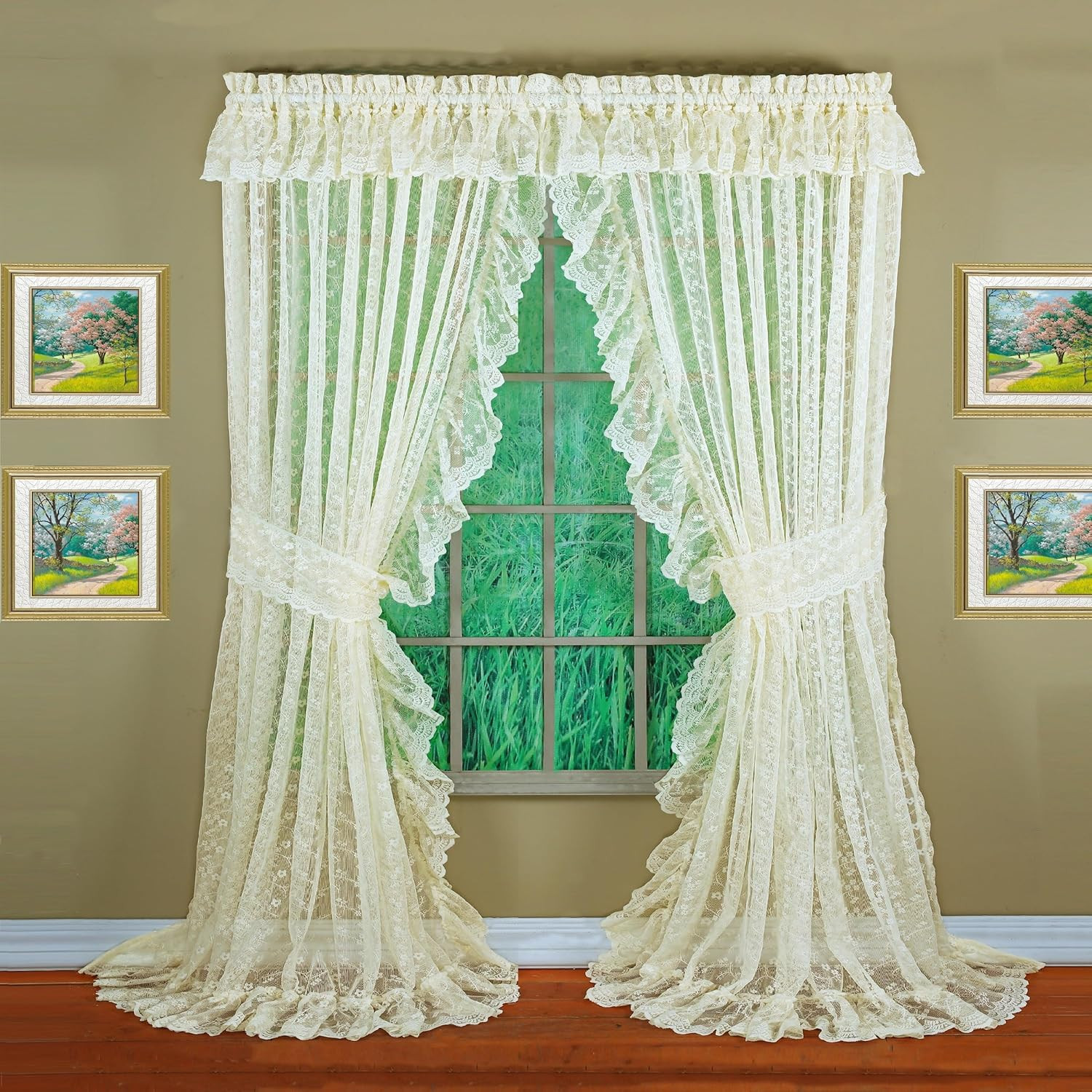 Ivory Priscilla Lace Ruffled 5-Piece Bridal Curtain Set, 84″ Length