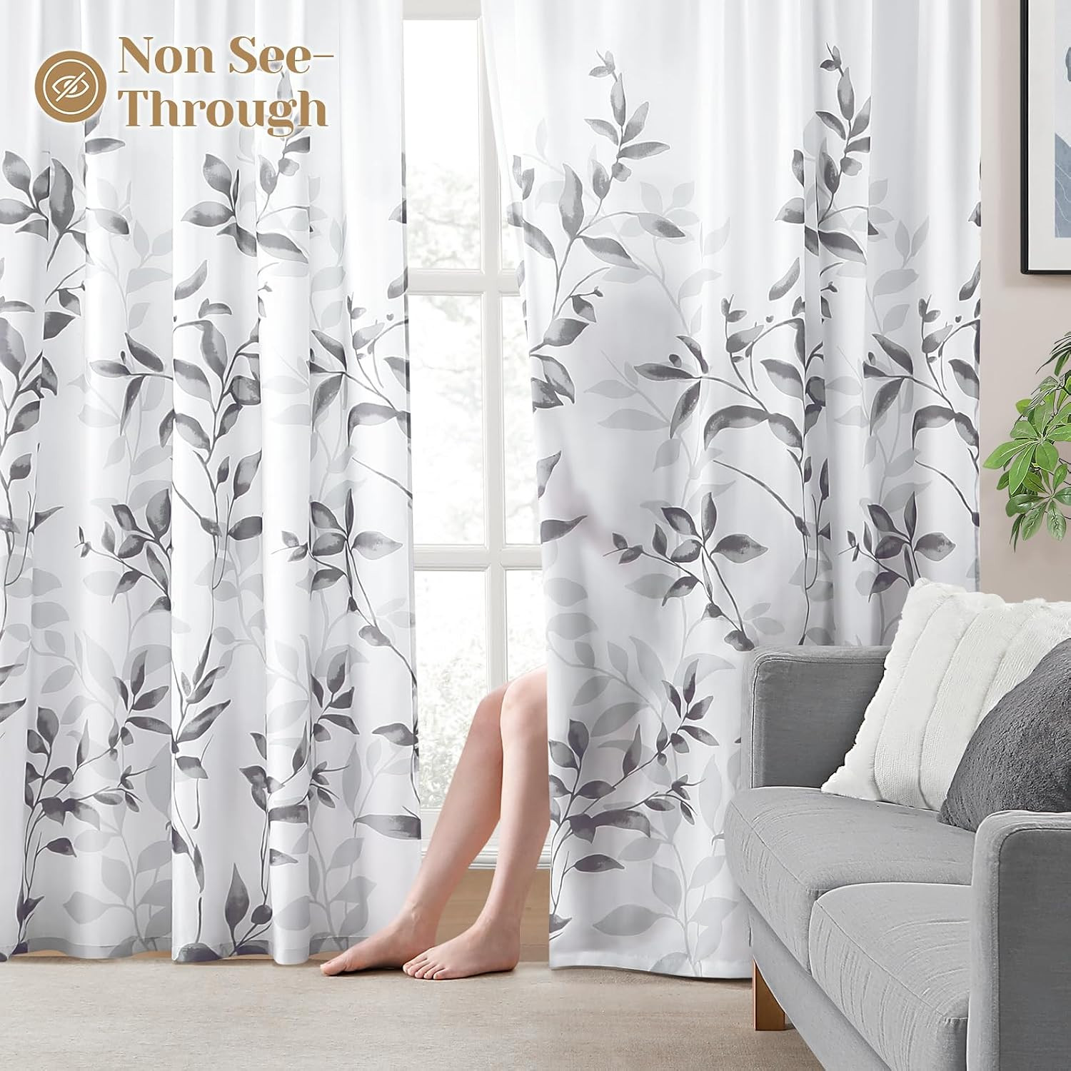 HOMEIDEAS Non-See-Through Light Grey and White Privacy Sheer Curtains 52 X 63 In