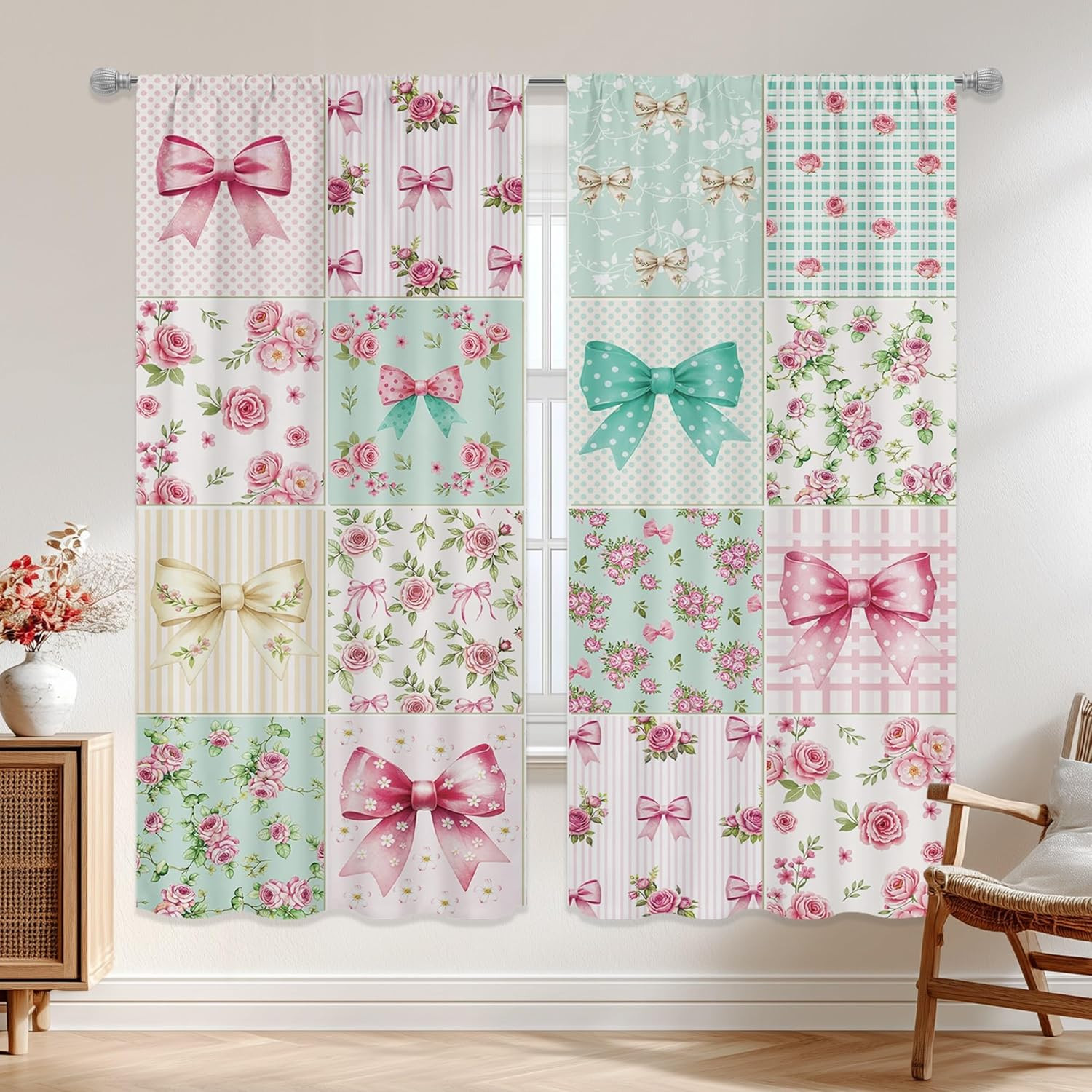 Boho Bow Floral Curtains 42Wx63H Inch Rod Pocket Cute Patchwork Pink and Green F