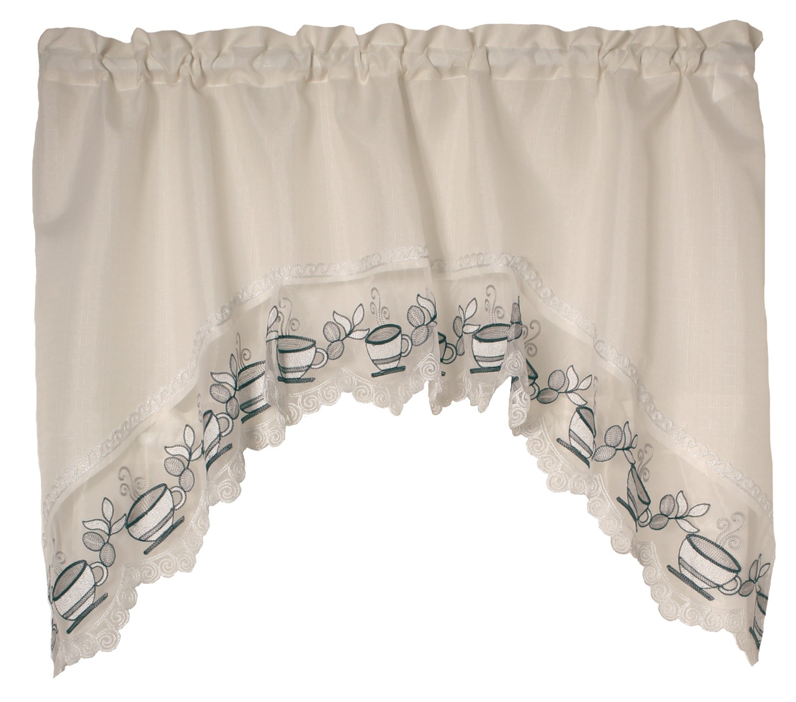 Coffee Time Embroidery Design Kitchen Curtain with Swag and Tier Set 36″ x 60″