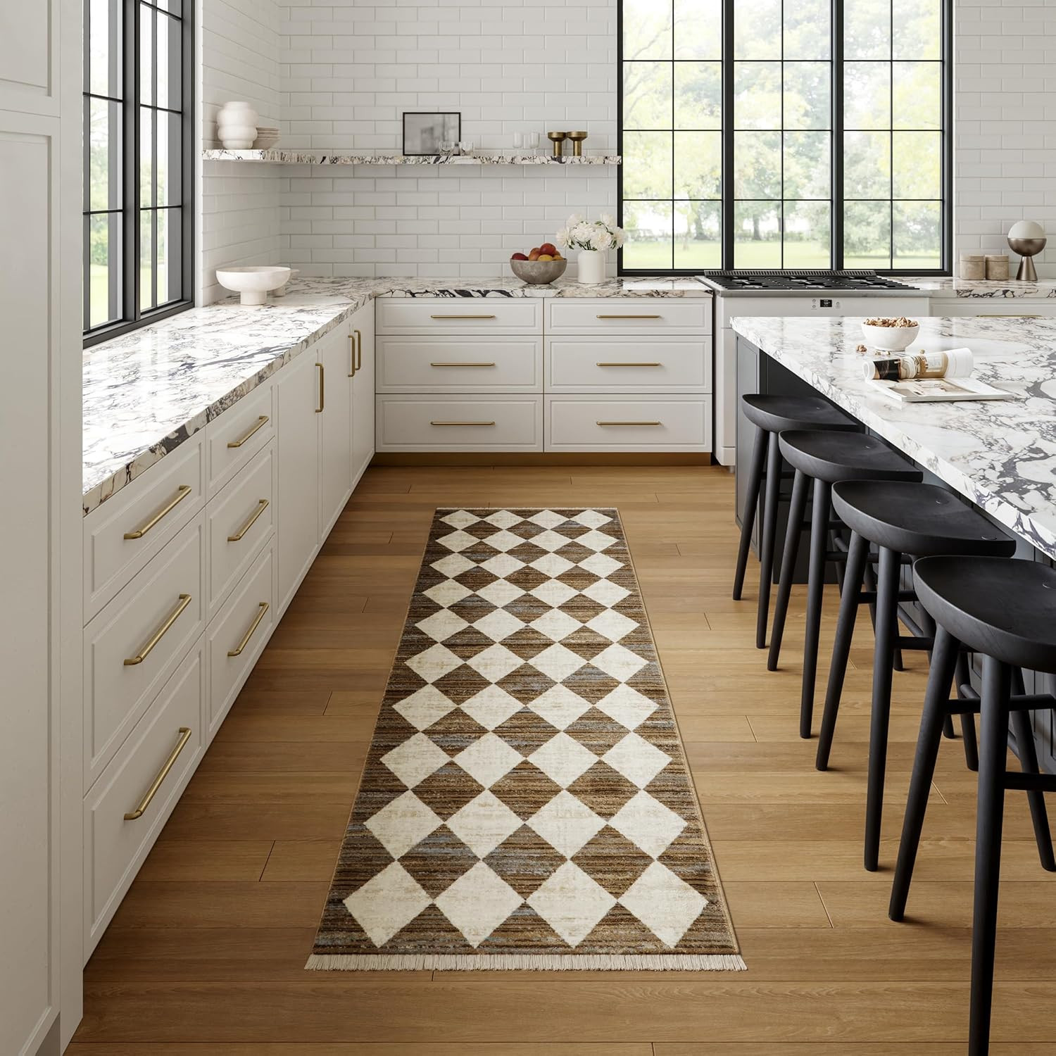 Fringed Performance Meline Beige/Blue/Ivory, 3’3″ X 5′, Checkered, Soft and Cozy