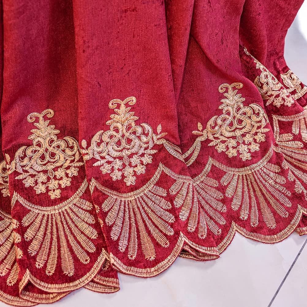 Elkca European Style Festival Burgundy Red Embroidered Chenille Curtain For