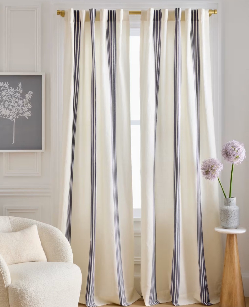 Quince Coastal Stripe Linen Cotton Curtain in Navy Light Filtering 48″ x 96”
