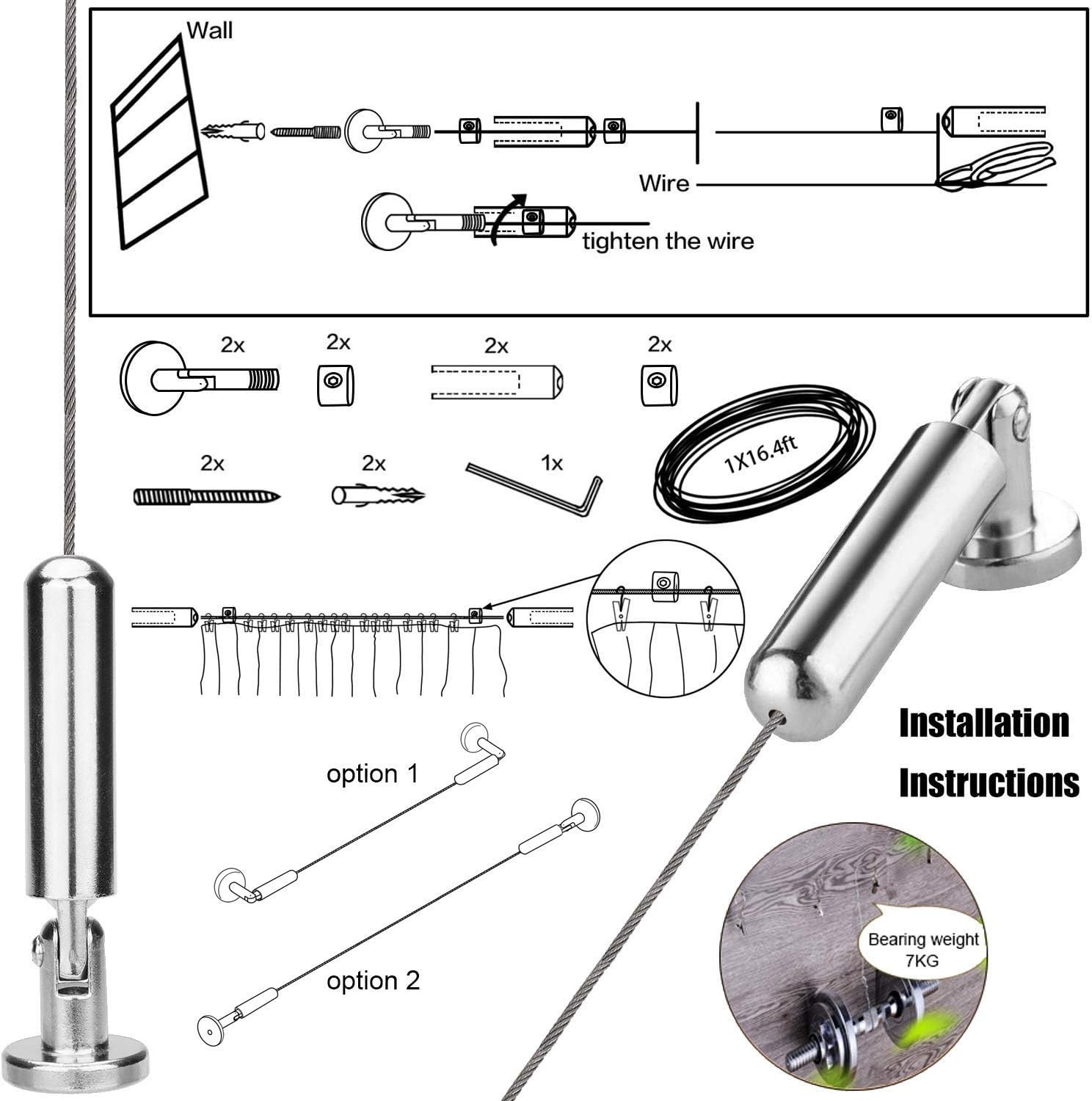 [5 Meters] Wall Mount Curtain Wire Rod Set with – Stainless Steel