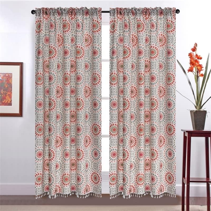1 Pannel 59x95inch Boho Curtain, Tassels Geometric Combination Rod Pocket Drape