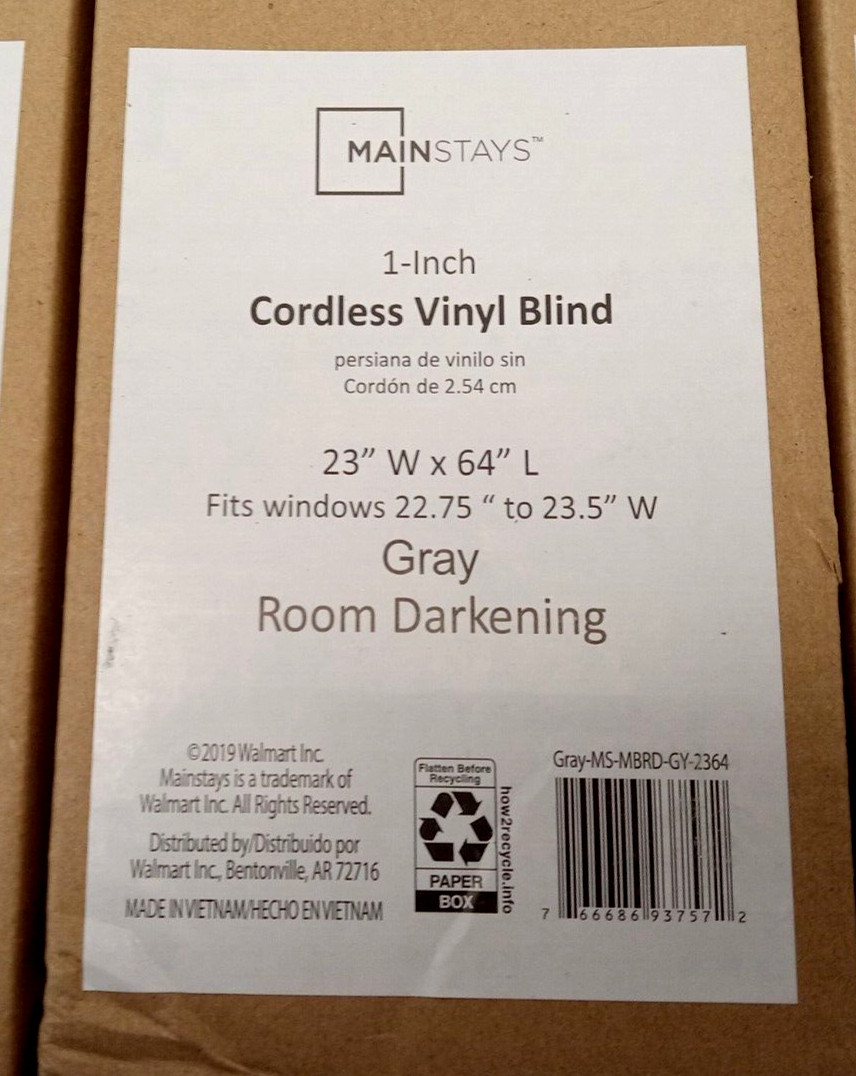 Mainstays 1 in. Cordless, Room Darkening Vinyl Blind, Gray, 23″W x 64″L