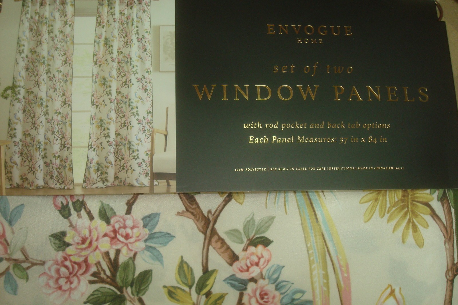 NWT Envogue 2 pc Window Curtains Fancy Dogwood Floral w/ Birds ea 37″ x 84″lg