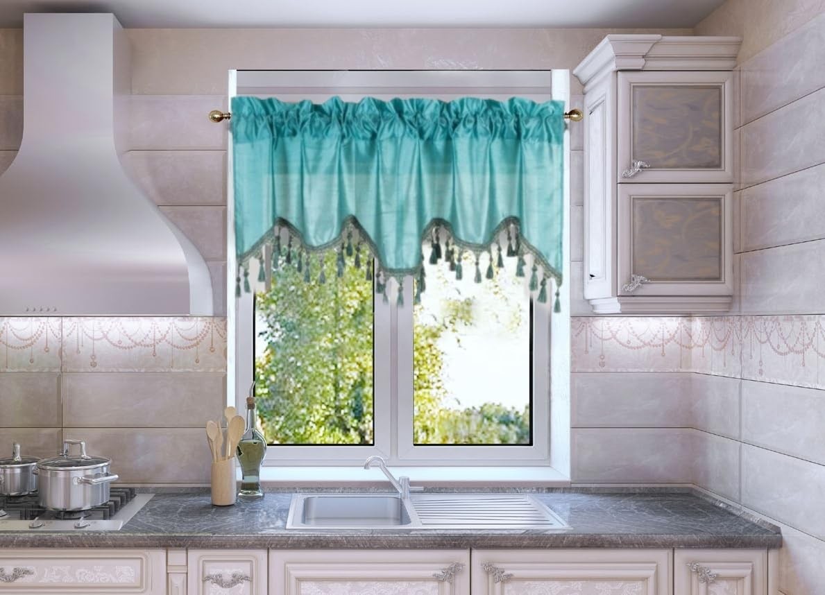 Faux Silk Solid Waterfall Curtain Valance Swag Window Treatment with Tassels