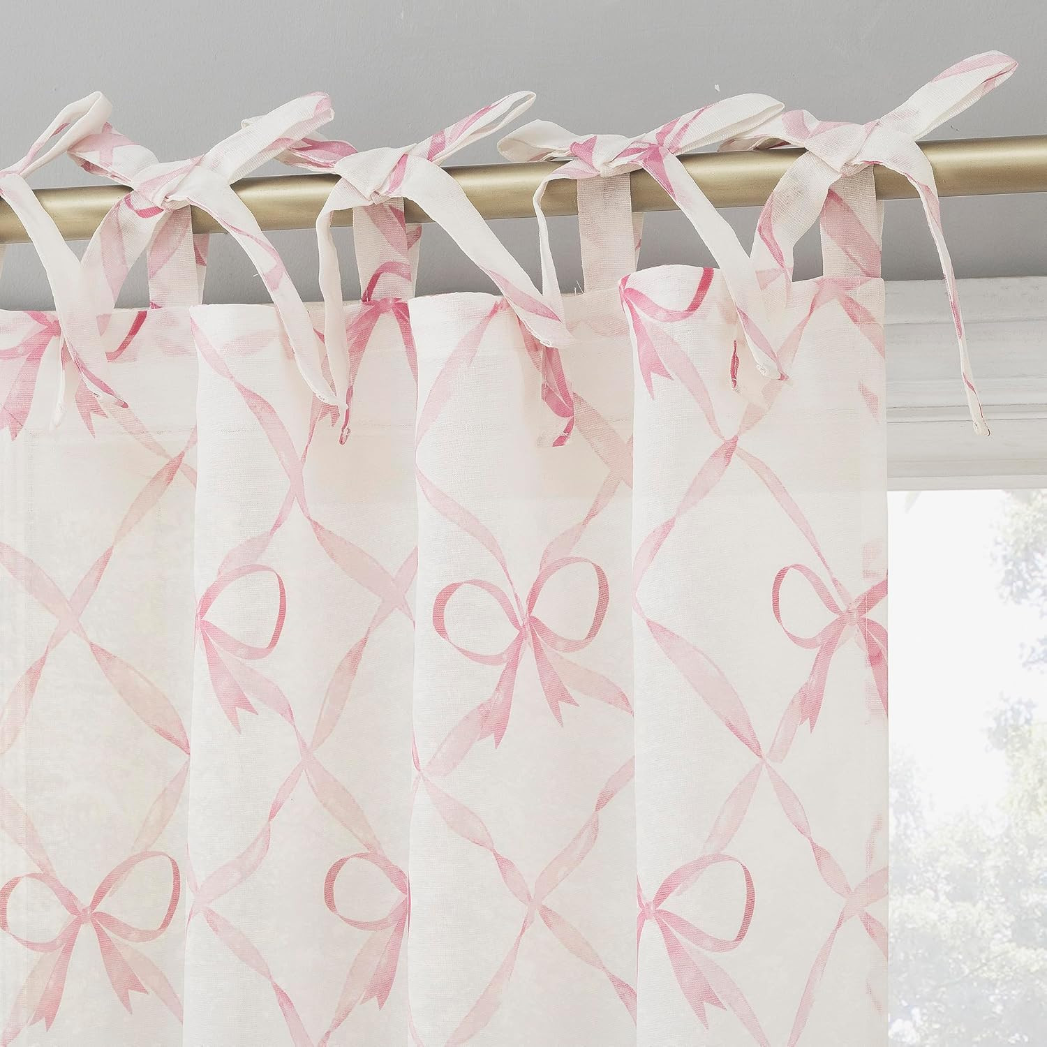 Romy Generation Lattice Bows Sheer Tie Top Curtain Panel, 50″ X 63″, Pink