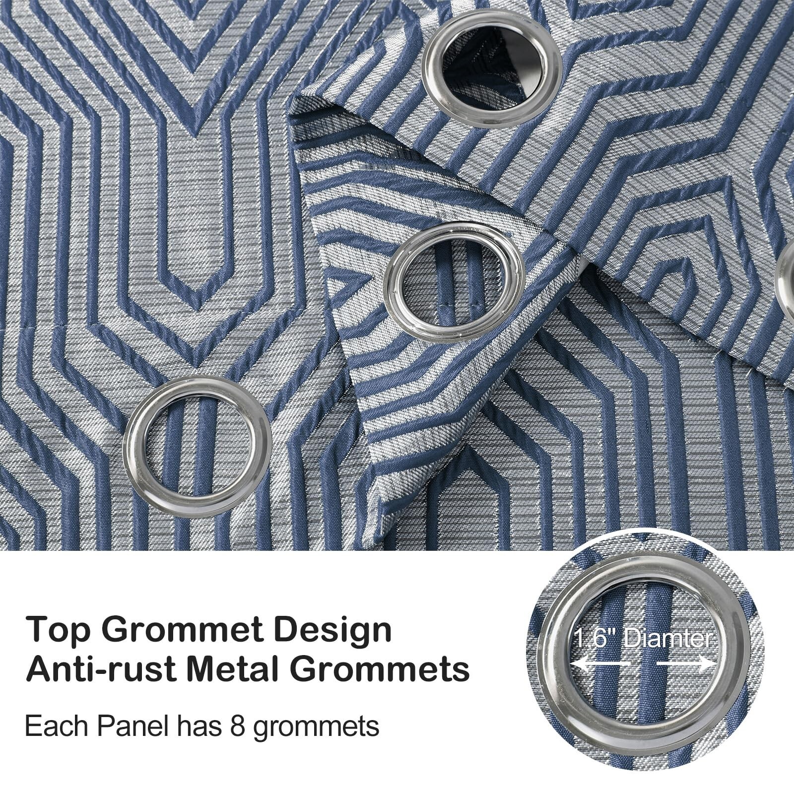 Indigo Blue and Silvery 100% Blackout Jacquard Geometric Pattern Curtains,52 …