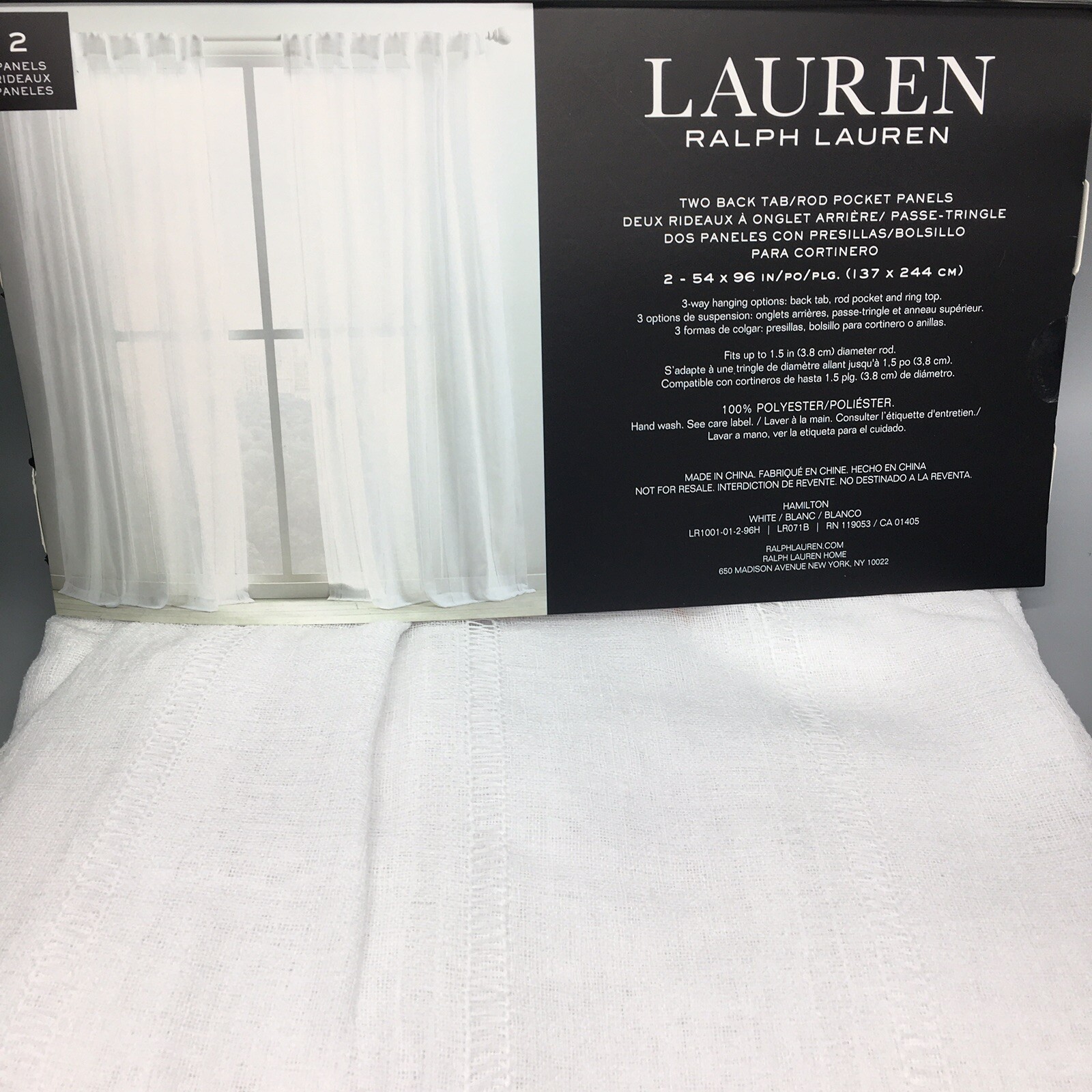Ralph Lauren Hamilton 2 Window Curtain Panels 54×96 White Sheer Hemstitch NEW