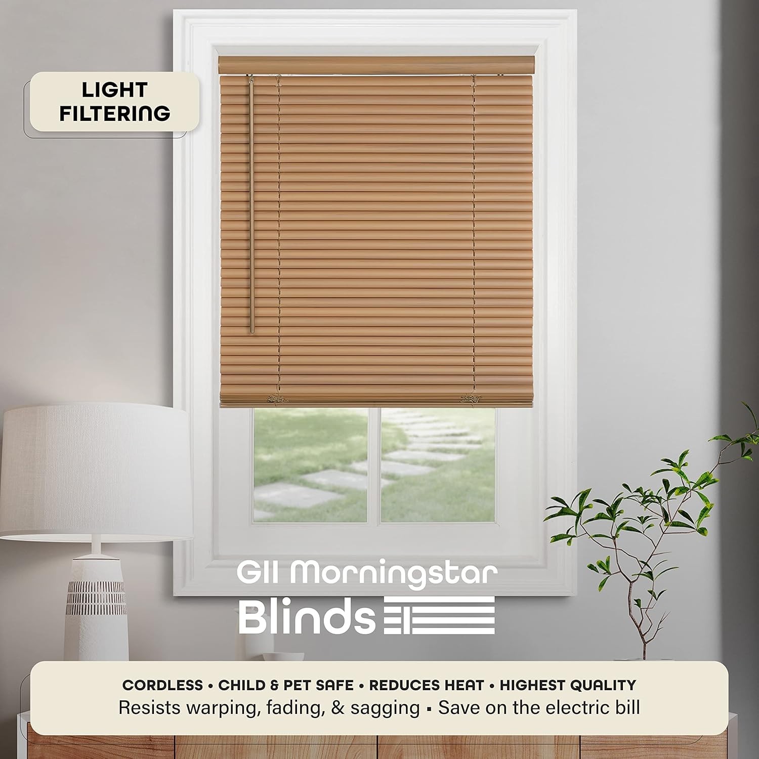 Cordless Light Filtering Mini Blind – 39″ W, 64″ L, 1″ Slat – WOODTONE ~2 PACK~