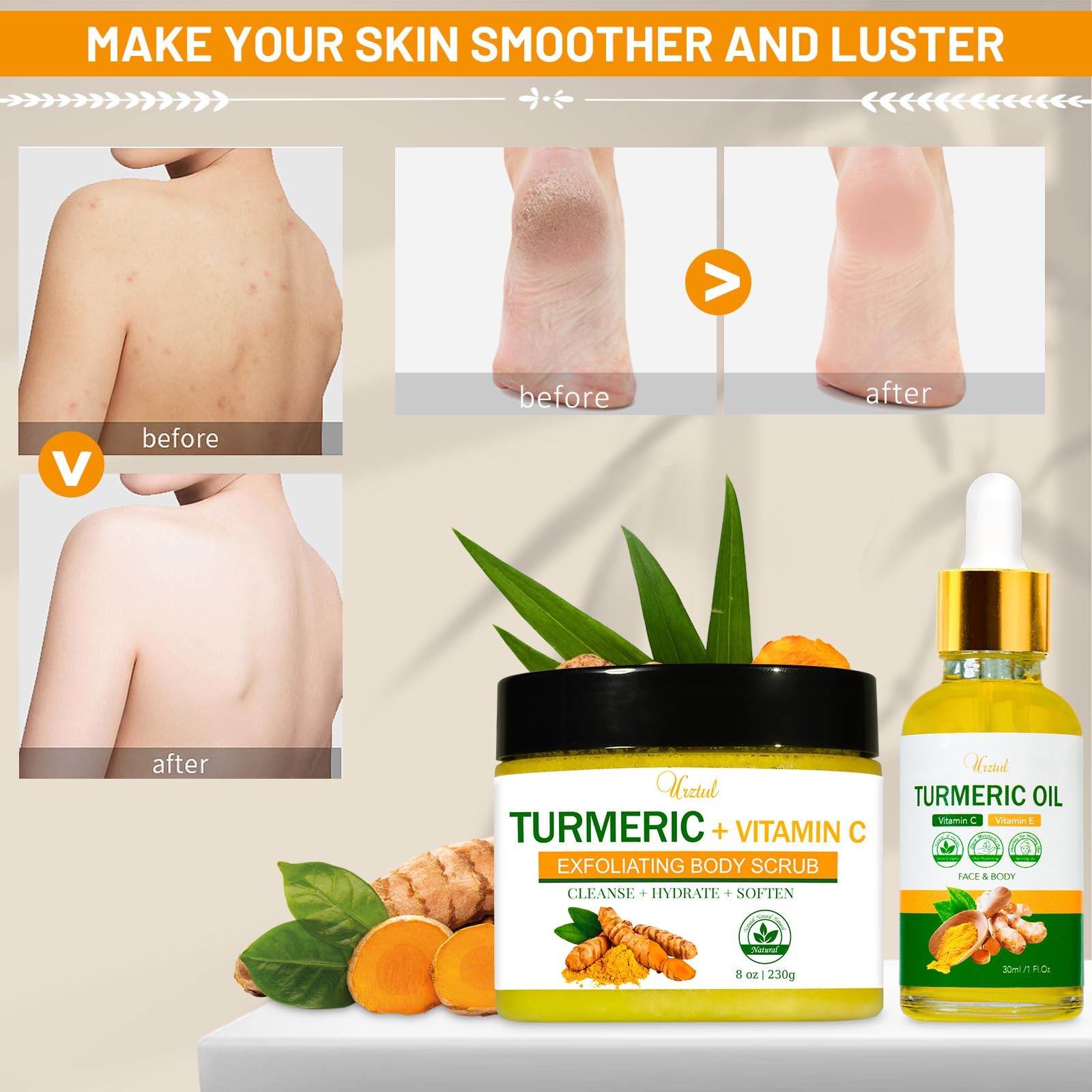 Turmeric Body Scrub Tumeric Oil Set, Natural Soothing 8 Ounce (Pack of 1)