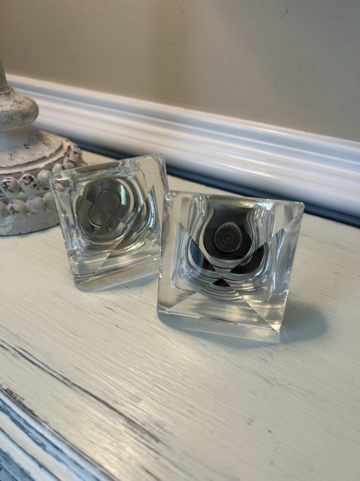 Pottery Barn Glass Square Finials (2) Polished Nickel 1.25” FLAW NWOT OB READ