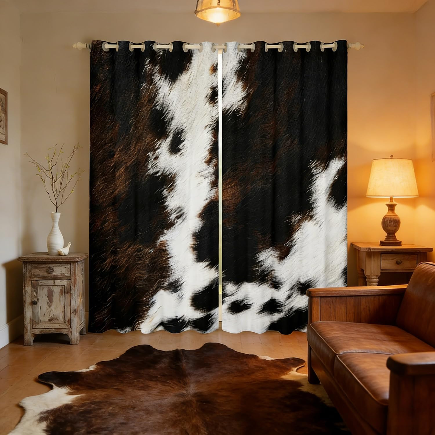 Brown Cowhide Window Curtains Western Black White Cow Print Curtains for Bedroom