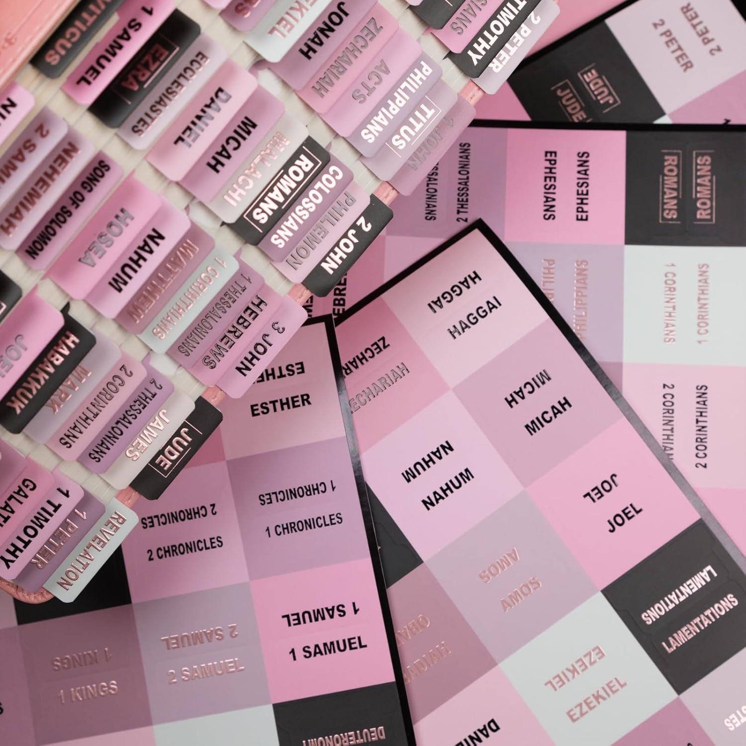UPAFEXXI-Laminated Bible Tabs (Pink and Black Foil Embossed Lettering), Pink1