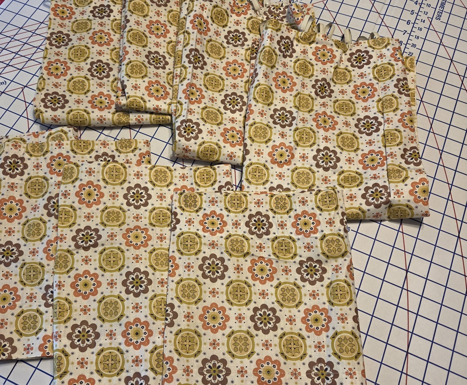 Set Of 4 60-70s Retro Vintage Handmade Floral Cotton Curtains Avocado Orange