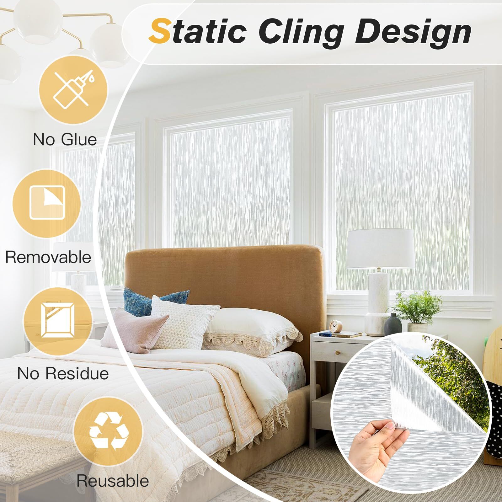 rabbitgoo Window Film Privacy Wave Static Cling Glass Sticker Opaque Decorative