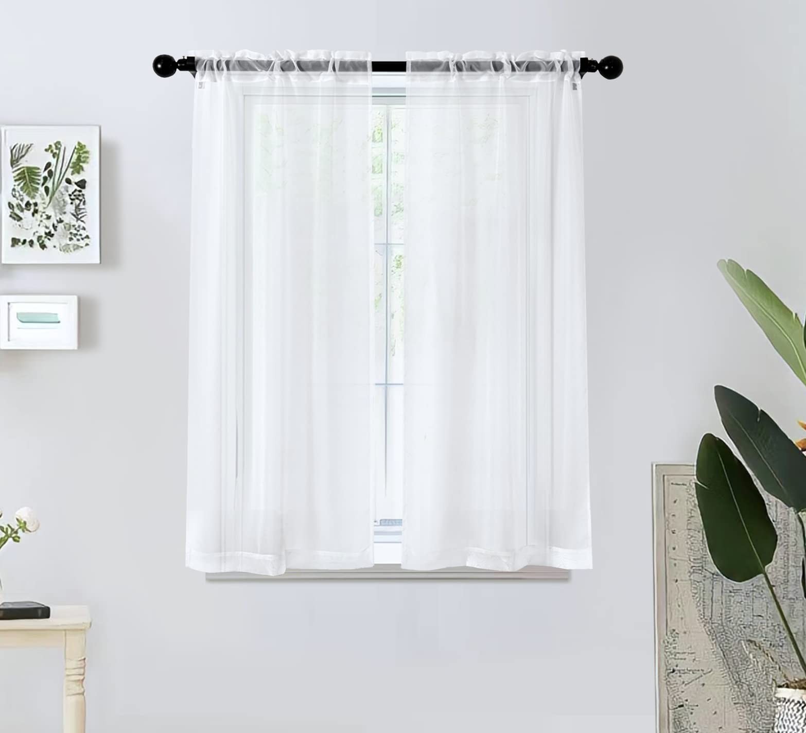 PI Tier Sheer Curtains with Rod 42″W x 45″L (Pack of 2), Optical White
