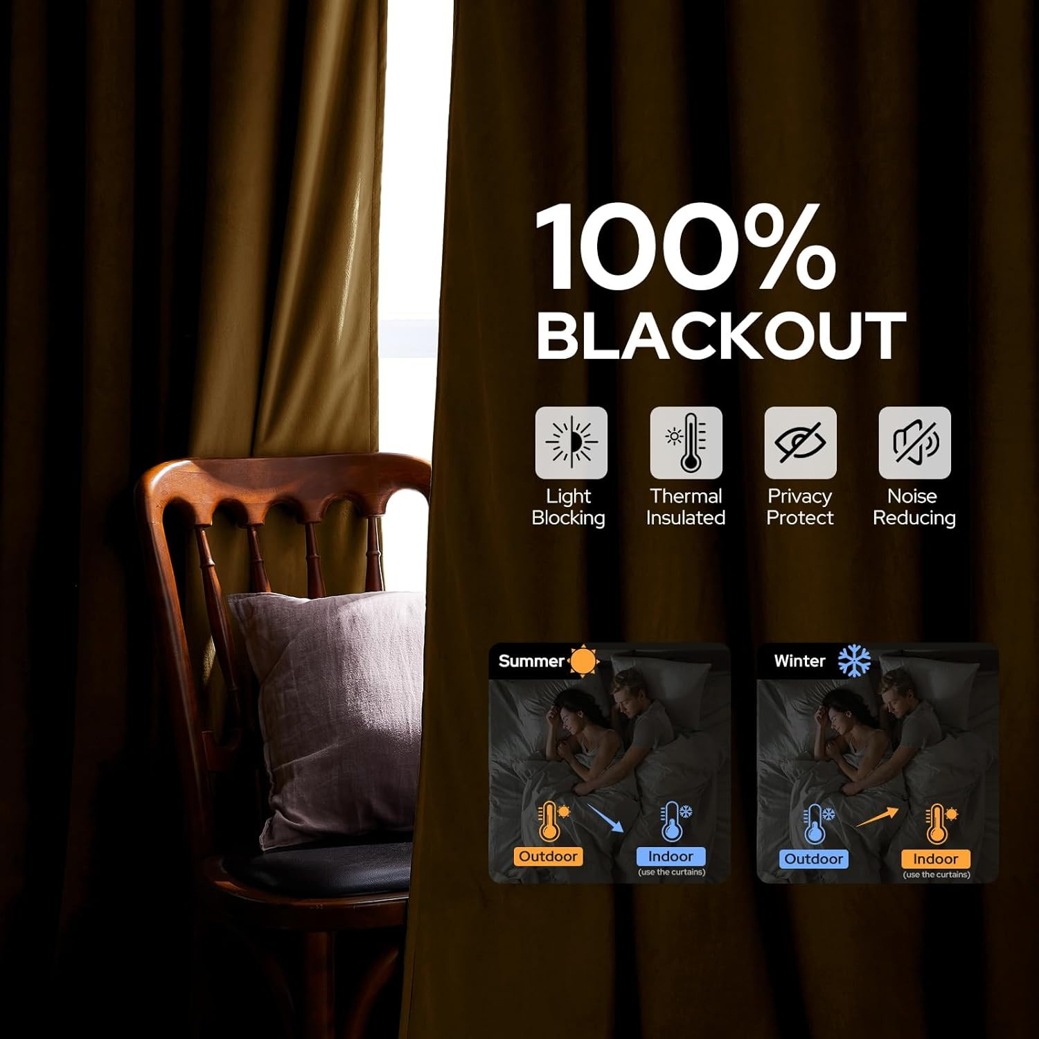 Luxury Blackout Gold Velvet Curtains, 52×96 Inch, 2 Panels for Home Decor