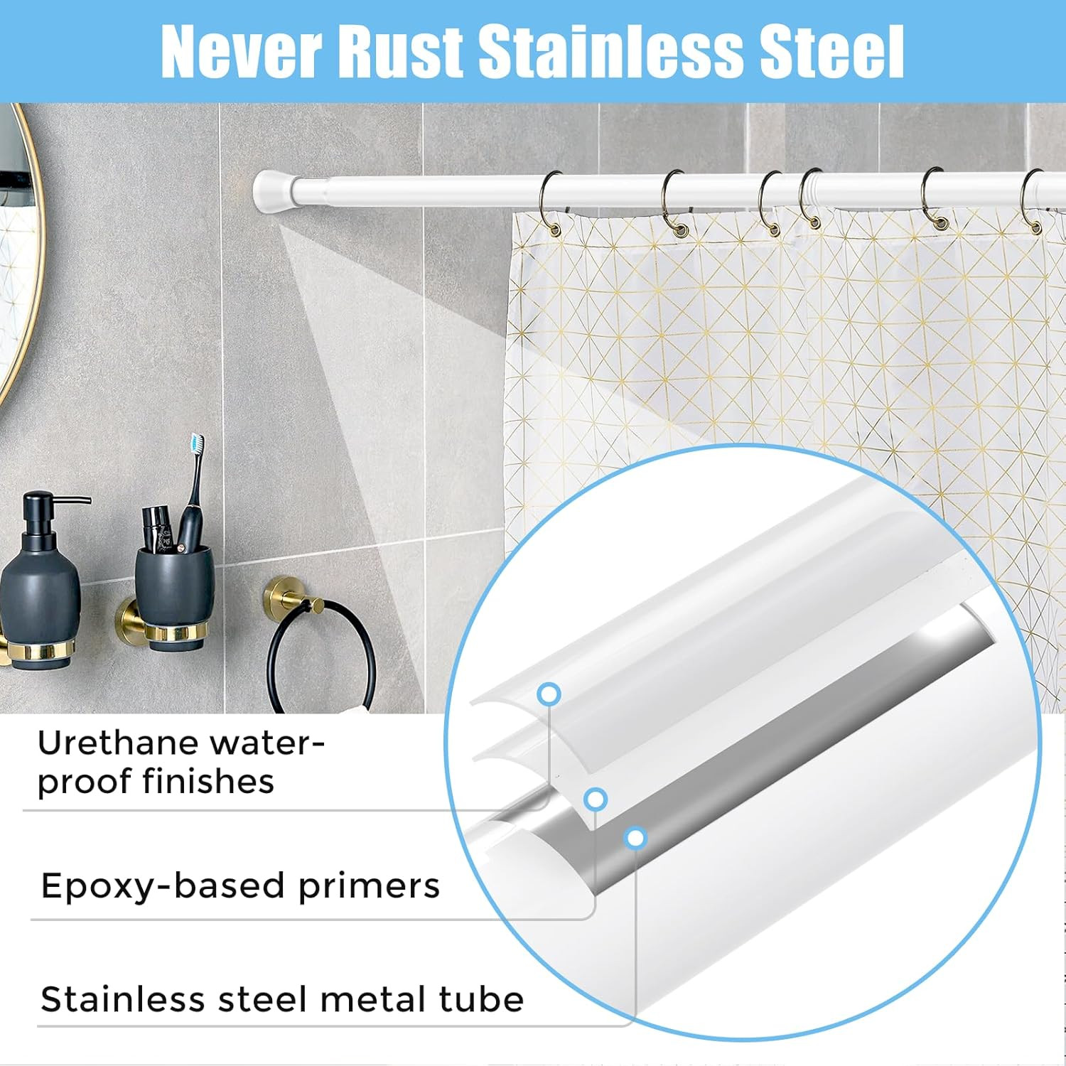 Tension Curtain Rod Adjustable Spring Tension Rods for Windows 28 to 48 Inch, No