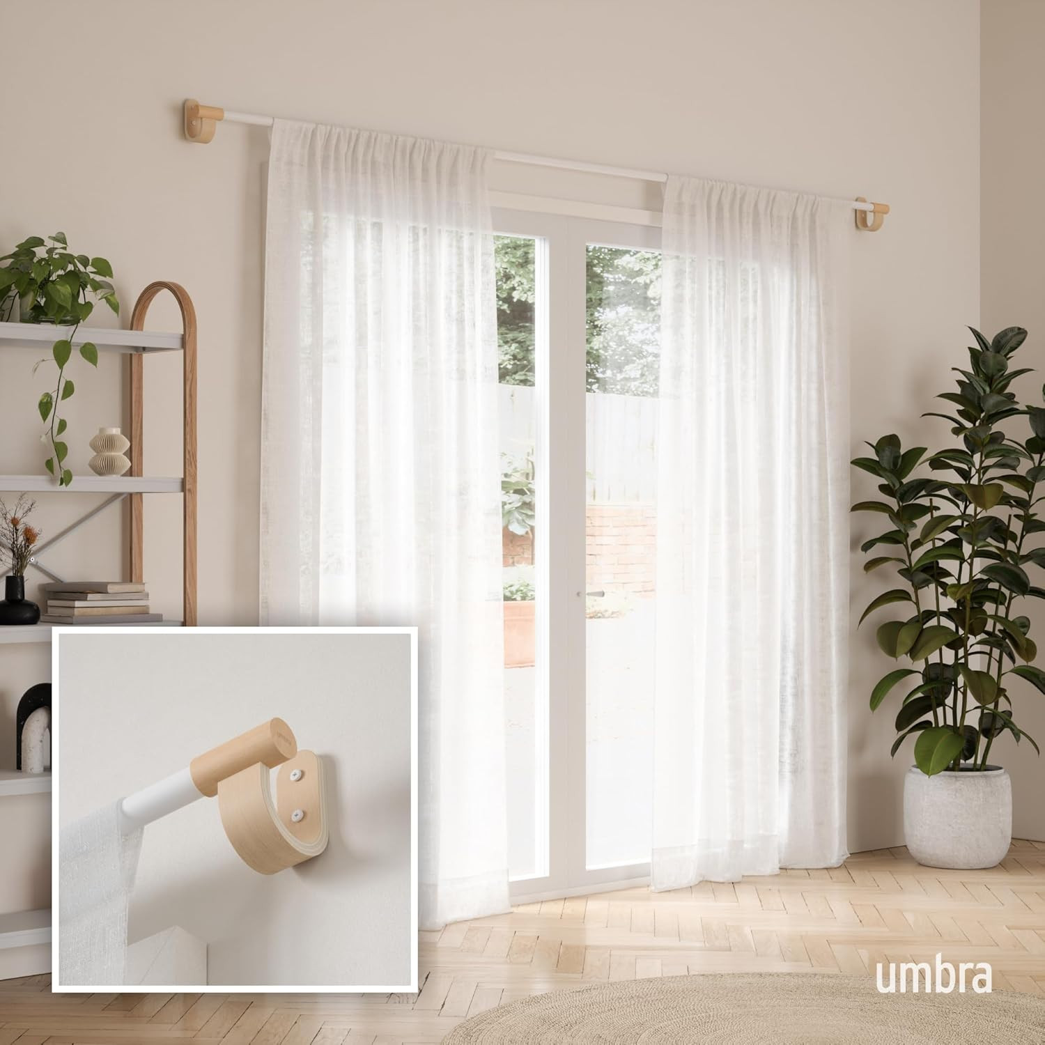 Adjustable Bellwood Curtain Rod Set with Finials & Mounting Hardware, White/Natu