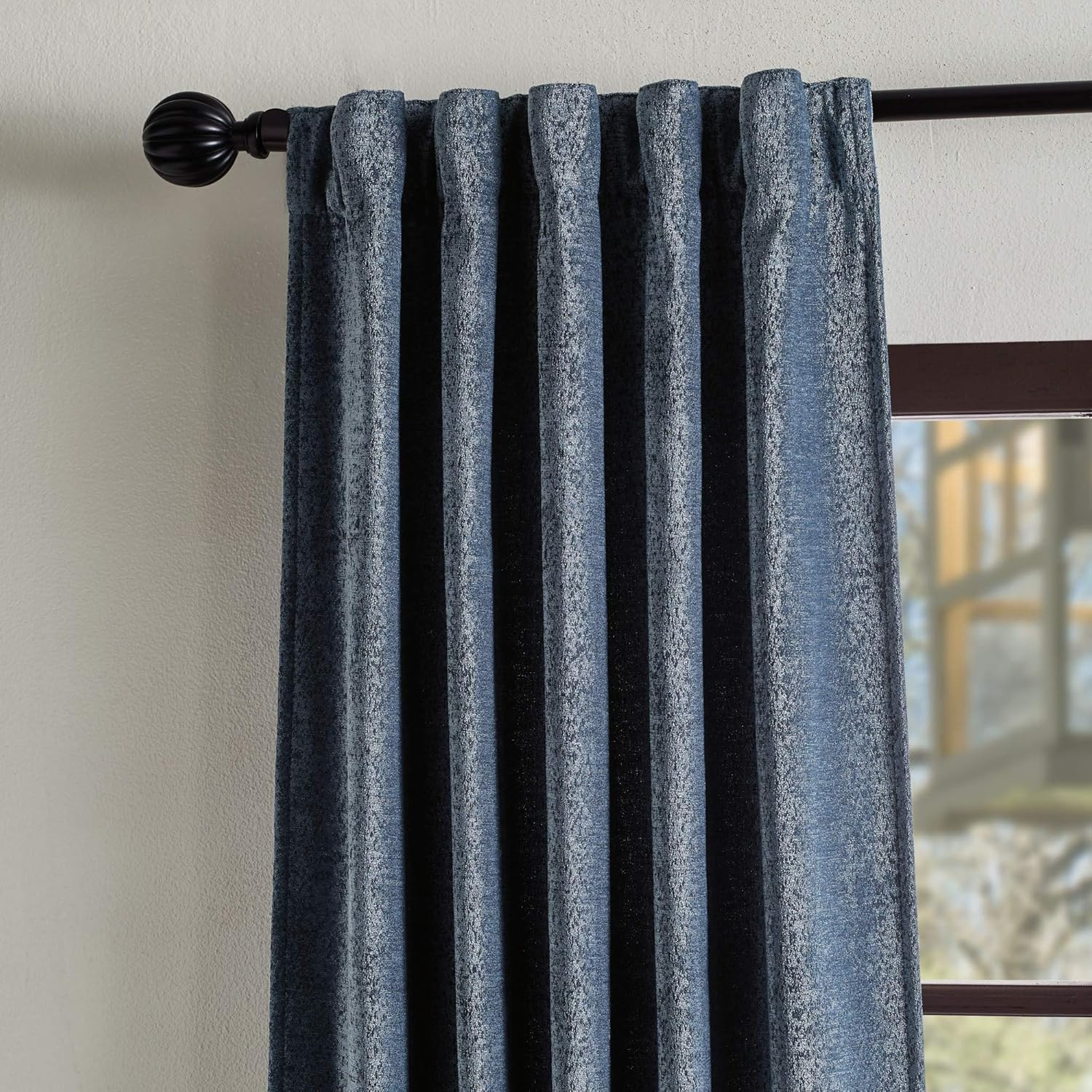 Navy Naples Chenille Back Tab Window Curtain Panel Pair, 84″ Long