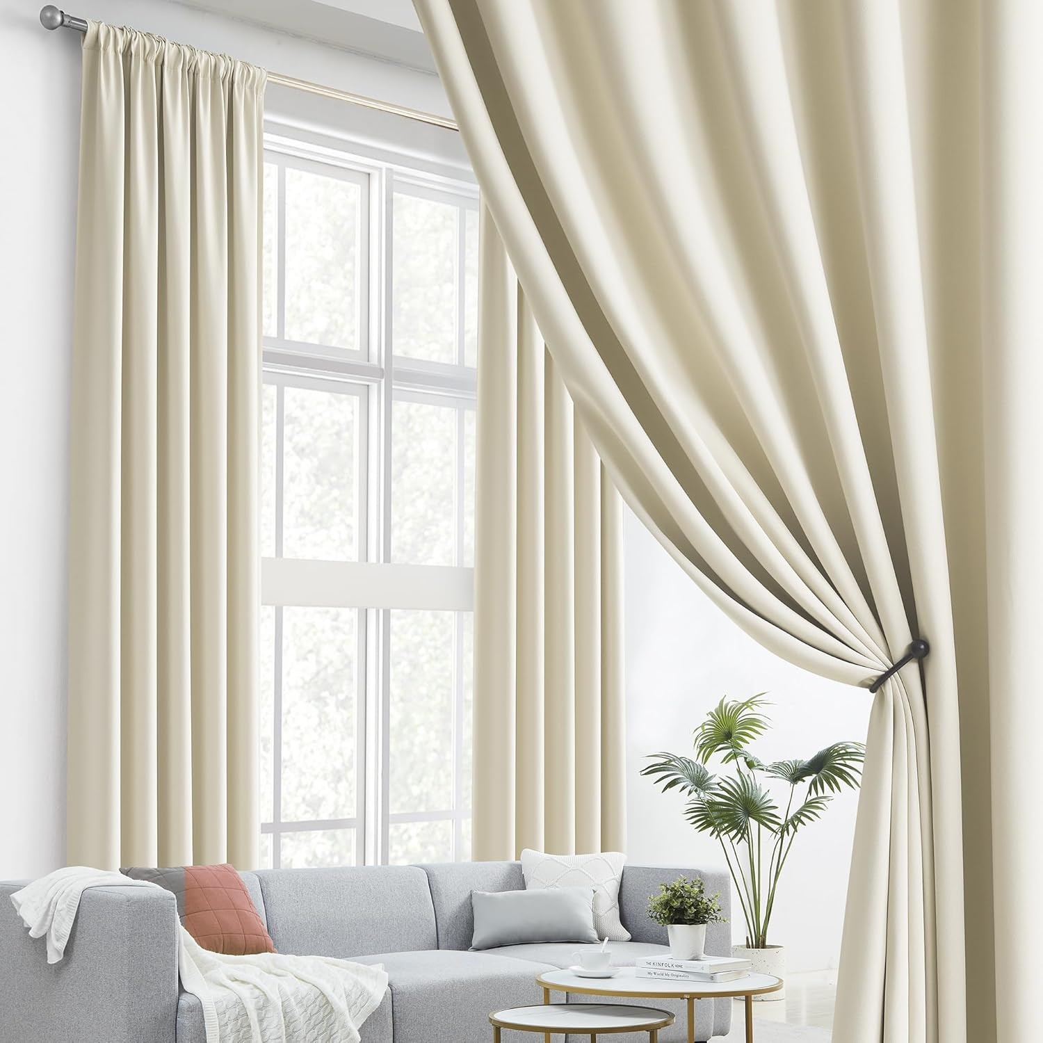 Extra Long Beige Faux Silk Curtains 132″ for High Ceilings – 2 Pcs Set