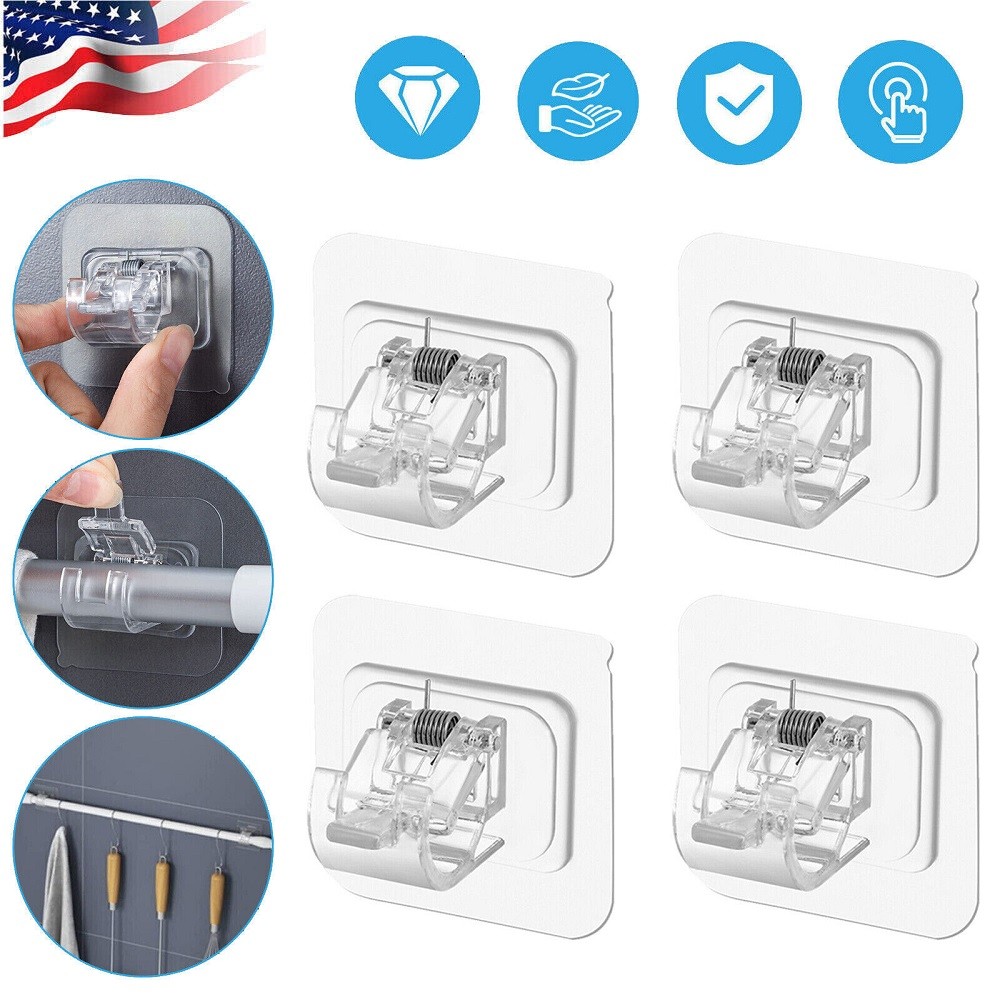 2pcs Nail Free Adjustable Curtain Rod Clip Brackets Self Adhesive Holder Hooks