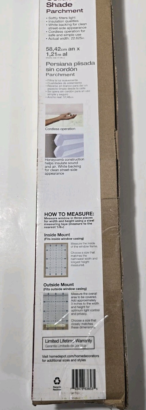 New HDC- Cordless Cellular Shade Light Filtering 23in W x 48in H(1000 029 453)