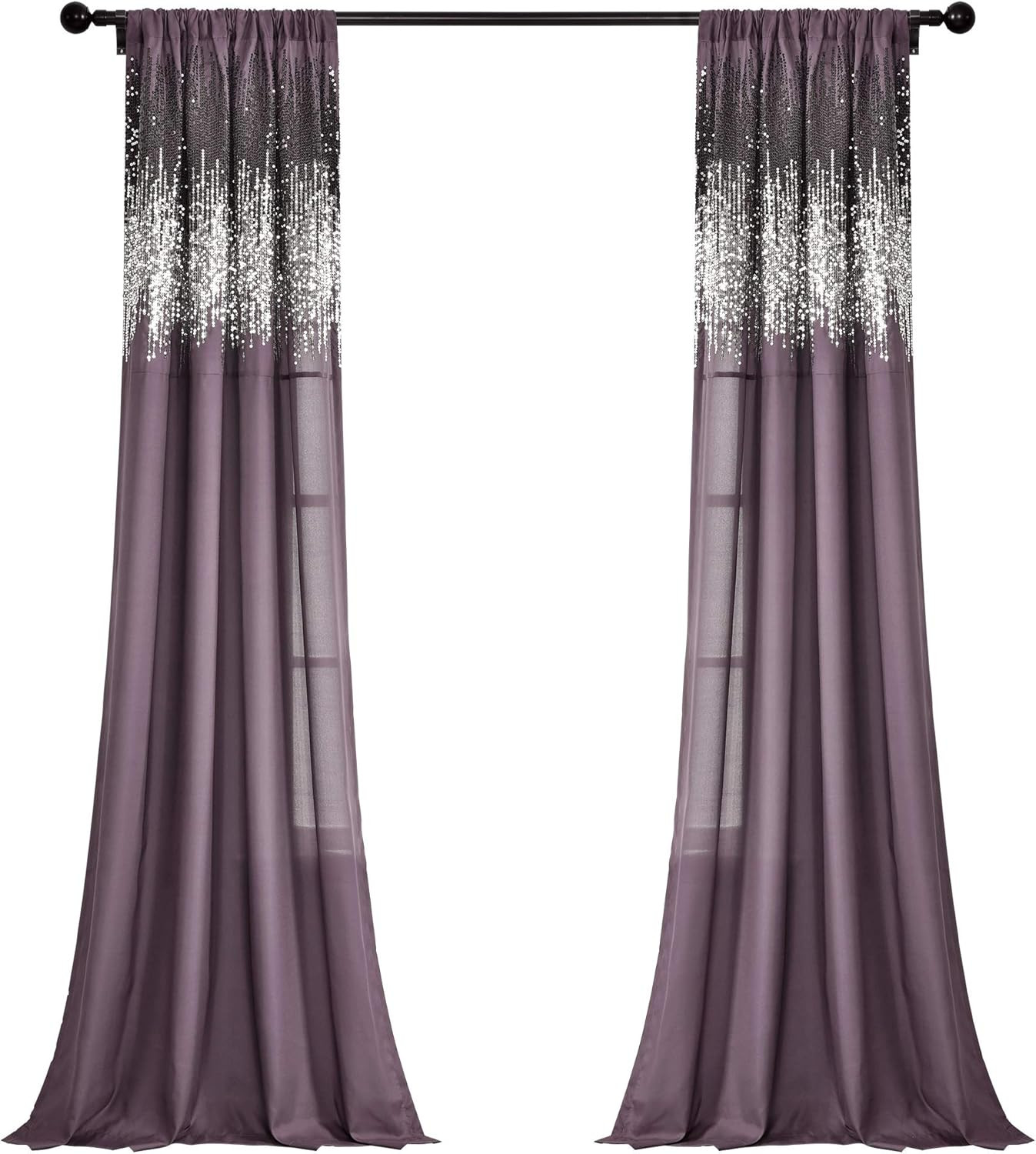 Glam Purple & Black Shimmer Sequin Window Curtains 42″ x 84″ Pair
