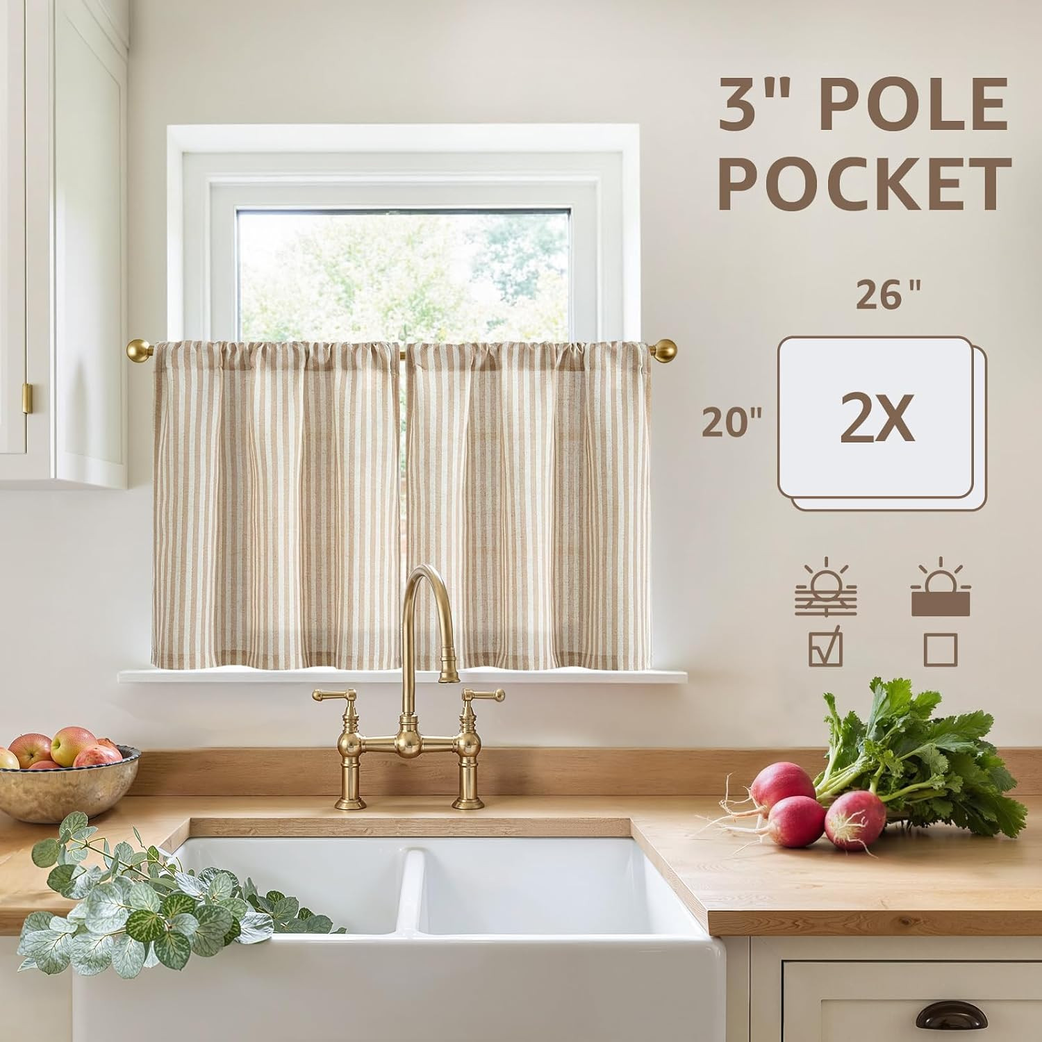 Jinchan Striped Linen Kitchen Curtains 20 Inches Length Tier Curtains Farmhouse