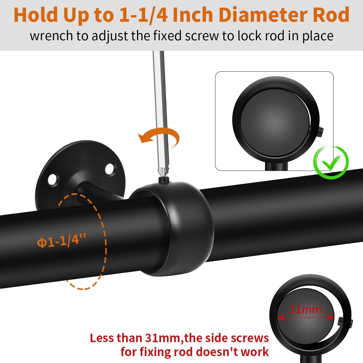 4 Pack Ceiling Curtain Rod Brackets Heavy Duty Hooks for 1-1/4 Inch Rods