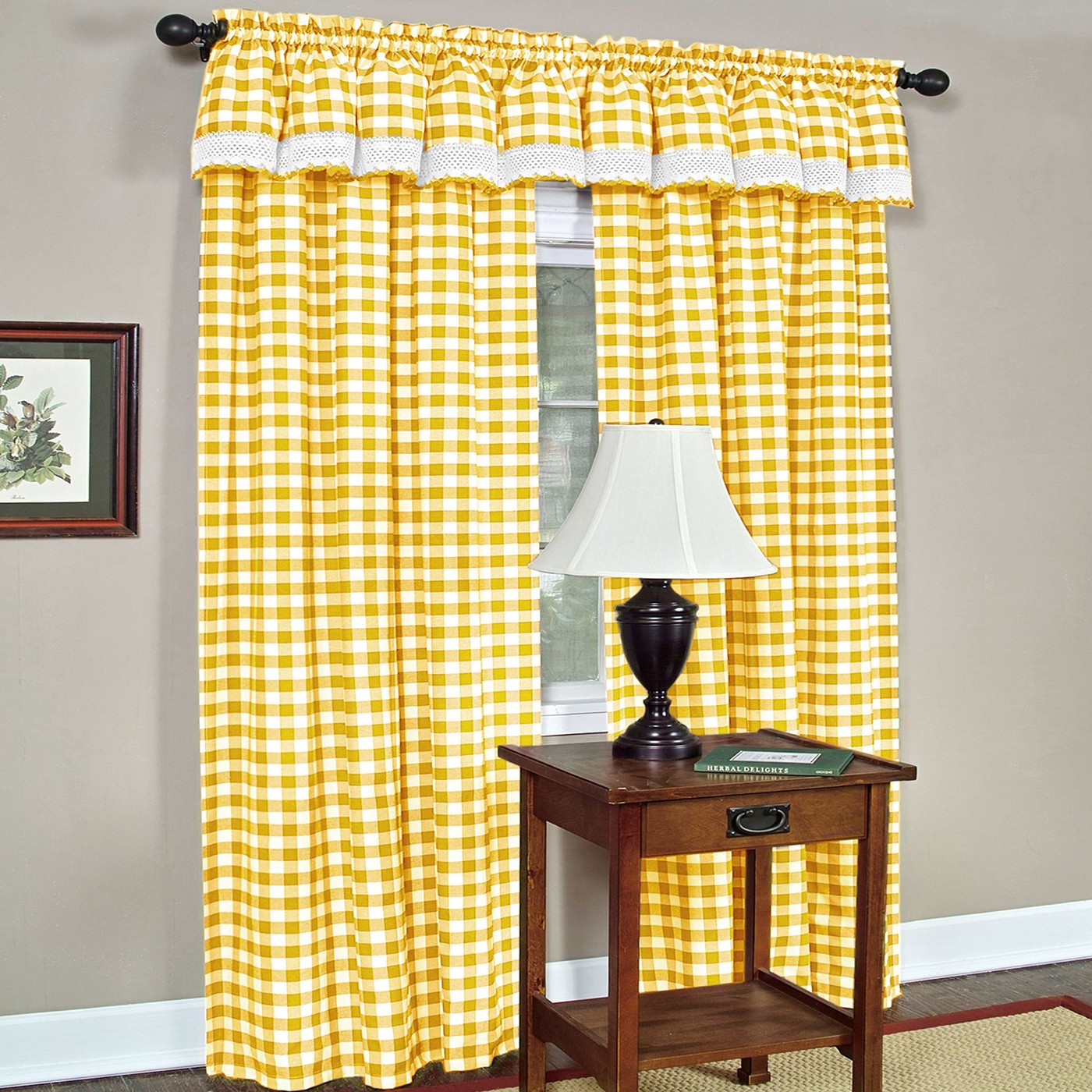 Yellow Checkered Plaid Gingham Kitchen Window Curtain Drapes Panel Valance Shade