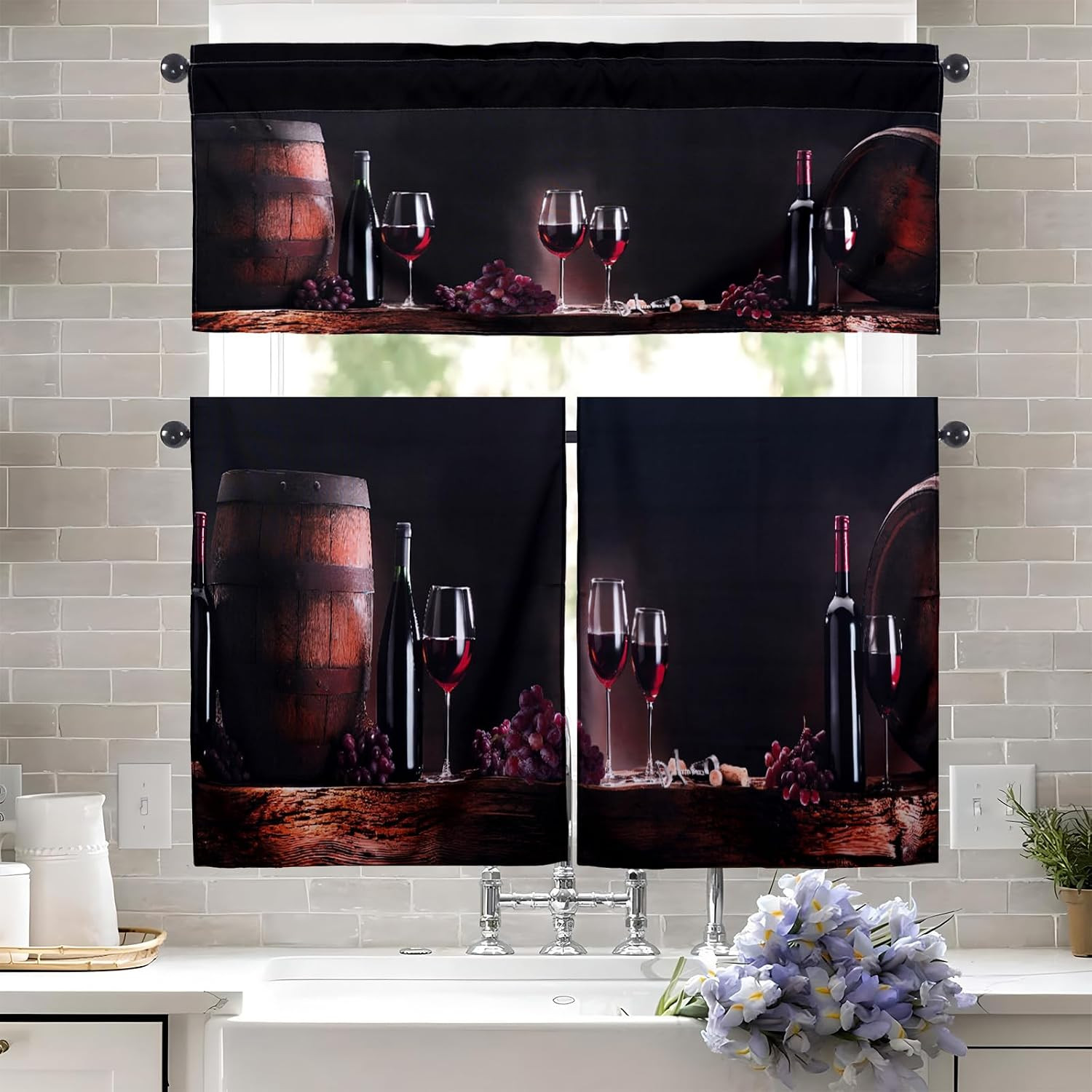 Wine Kitchen Curtains and Valances Set – 3 Piece Kitchen Curtains 36 Inch
