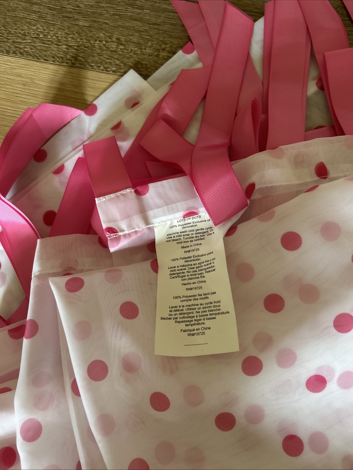 Two Sheer Curtain Pink Polka Dots & Grosgrain Ribbon Tabs “Lots Of Dots”