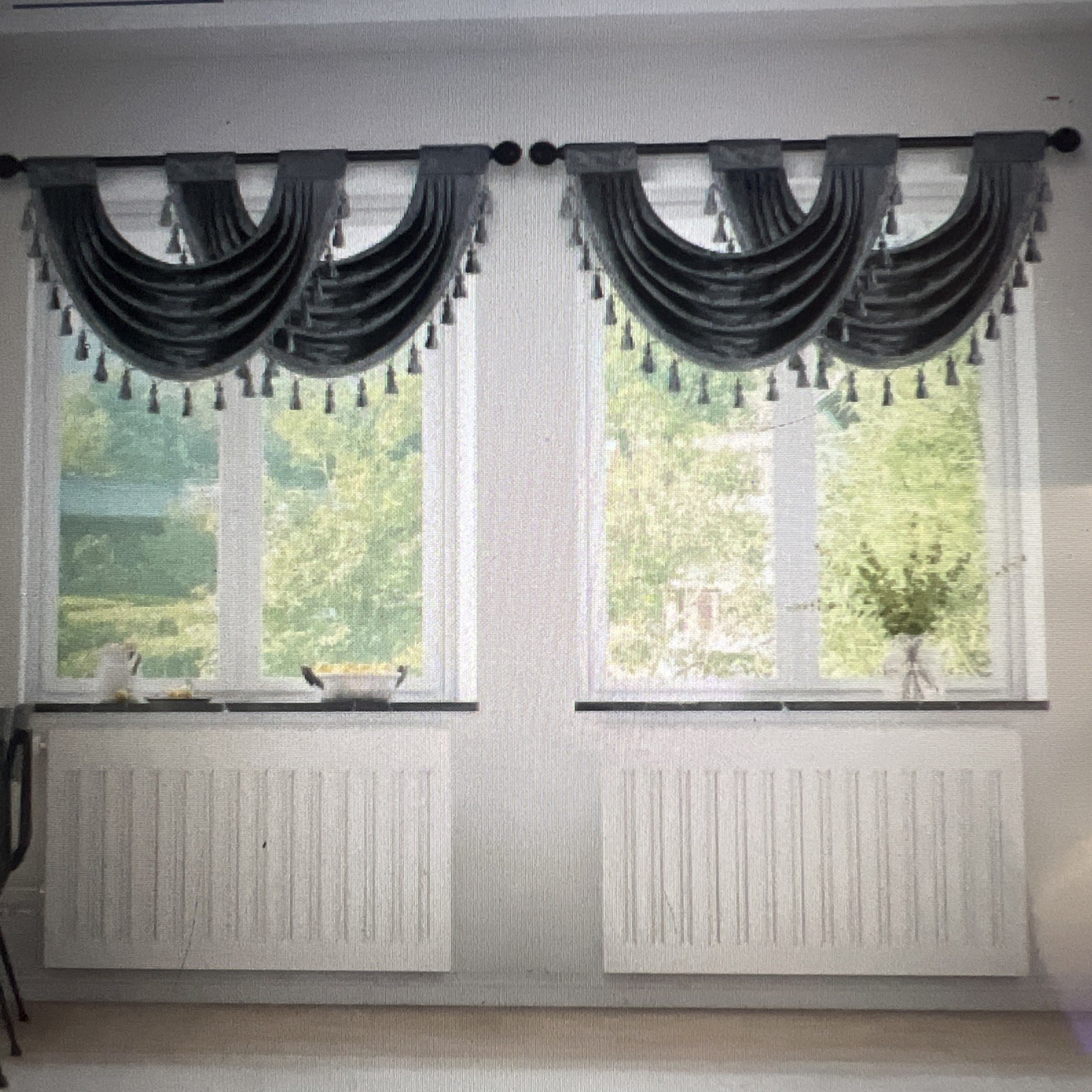 Thick Chenille Waterfall Swag Valances for Living Room Silver Grey set of 4