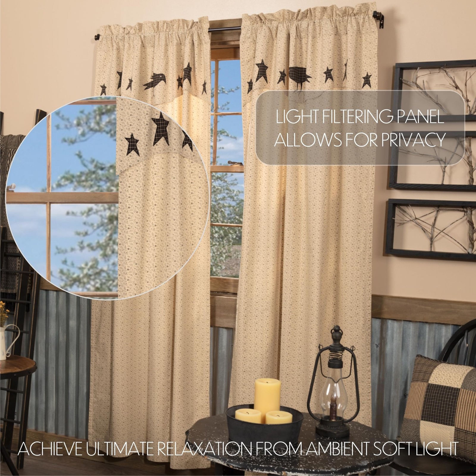 Vhc Brands Kettle Grove Panel Attached Applique Crow And Star Valance Set Of 2