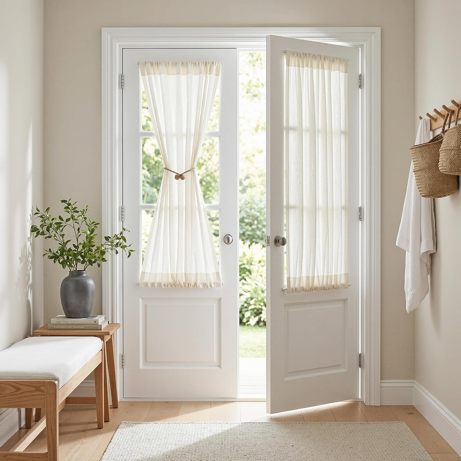 MYSKY HOME Natural French Door Curtains for Door Window 40 Inch Long Short Semi