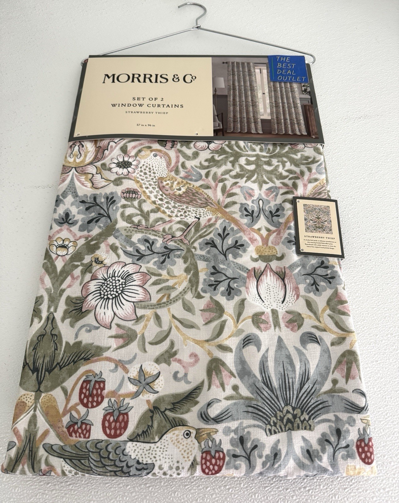 New Morris & C Window Curtains 2 Panels Darkening 37 x 96 Strawberry Thief Birds