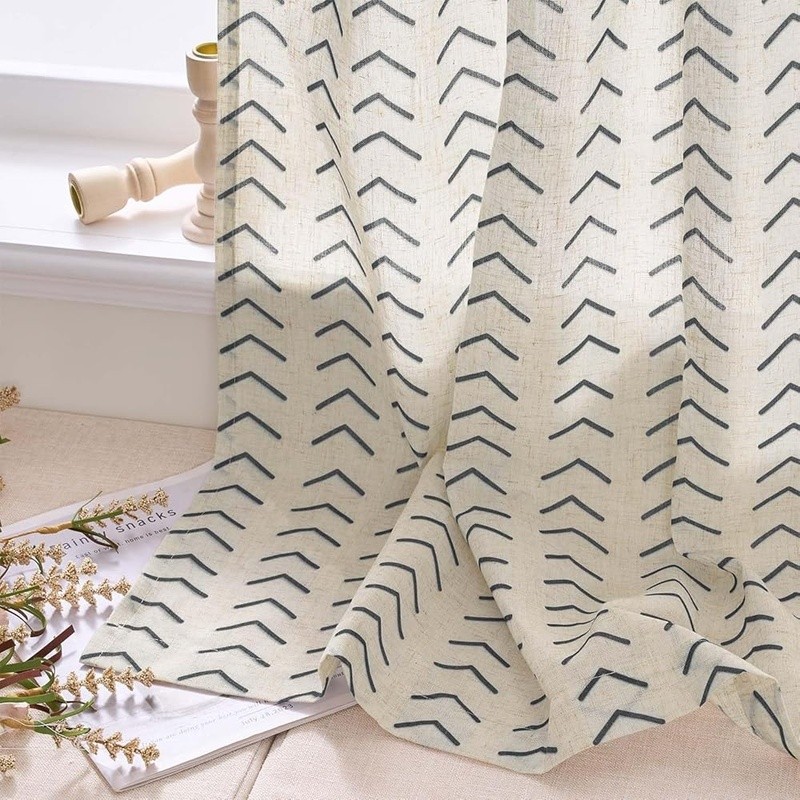 Boho Herringbone Kitchen Curtains Light Filtering Privacy Panels Linen Blend New