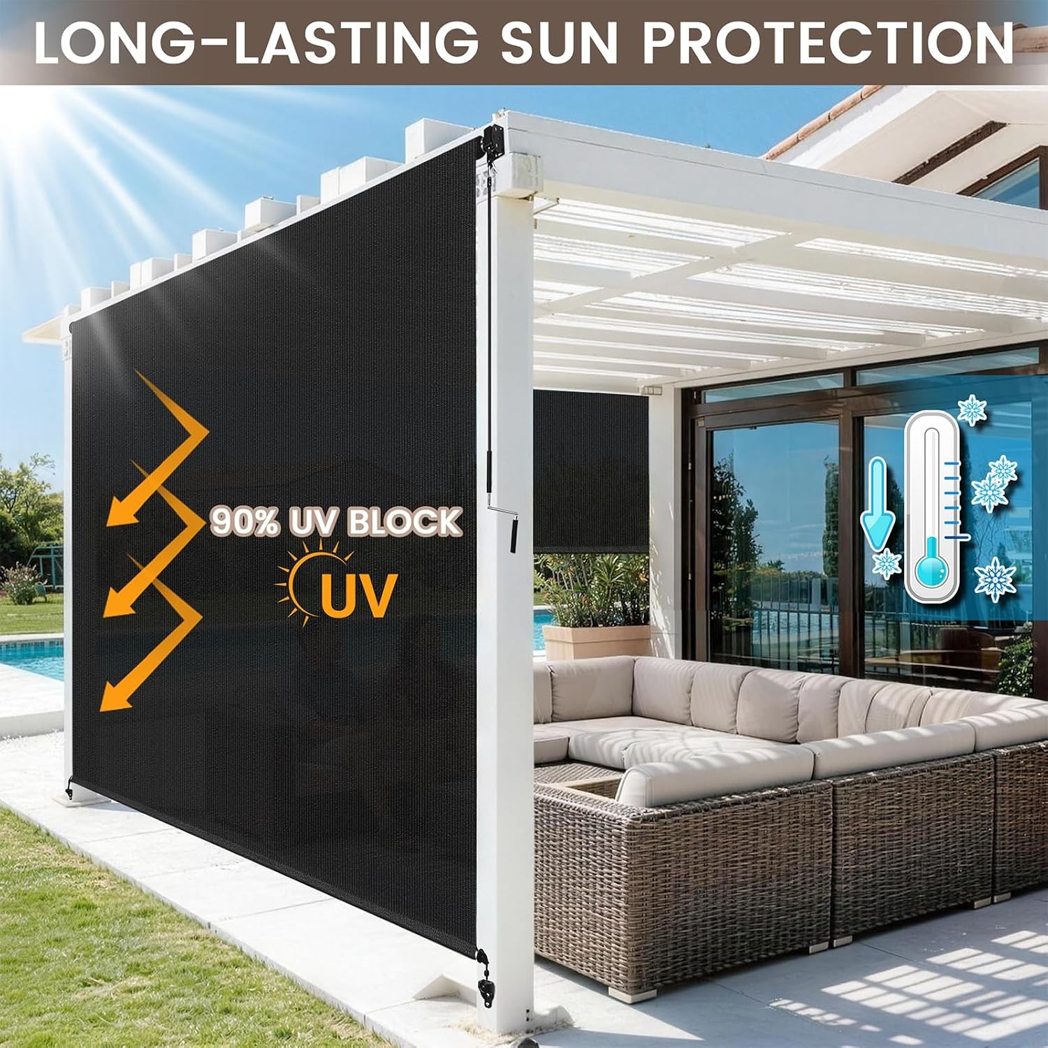 Outdoor Roller Shades for Patio, 10′ W x 8′ H Cordless Patio Shades Roll Up