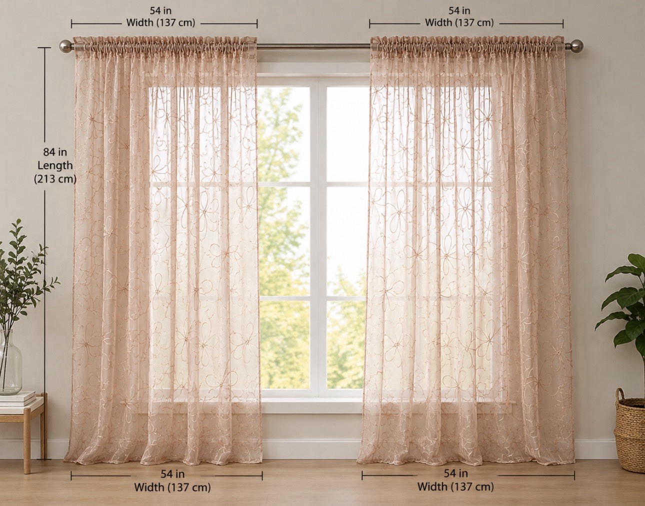 Set of 2 Champagne Beige Sheer Curtain Panels Gold Embroidery 54” x 84”