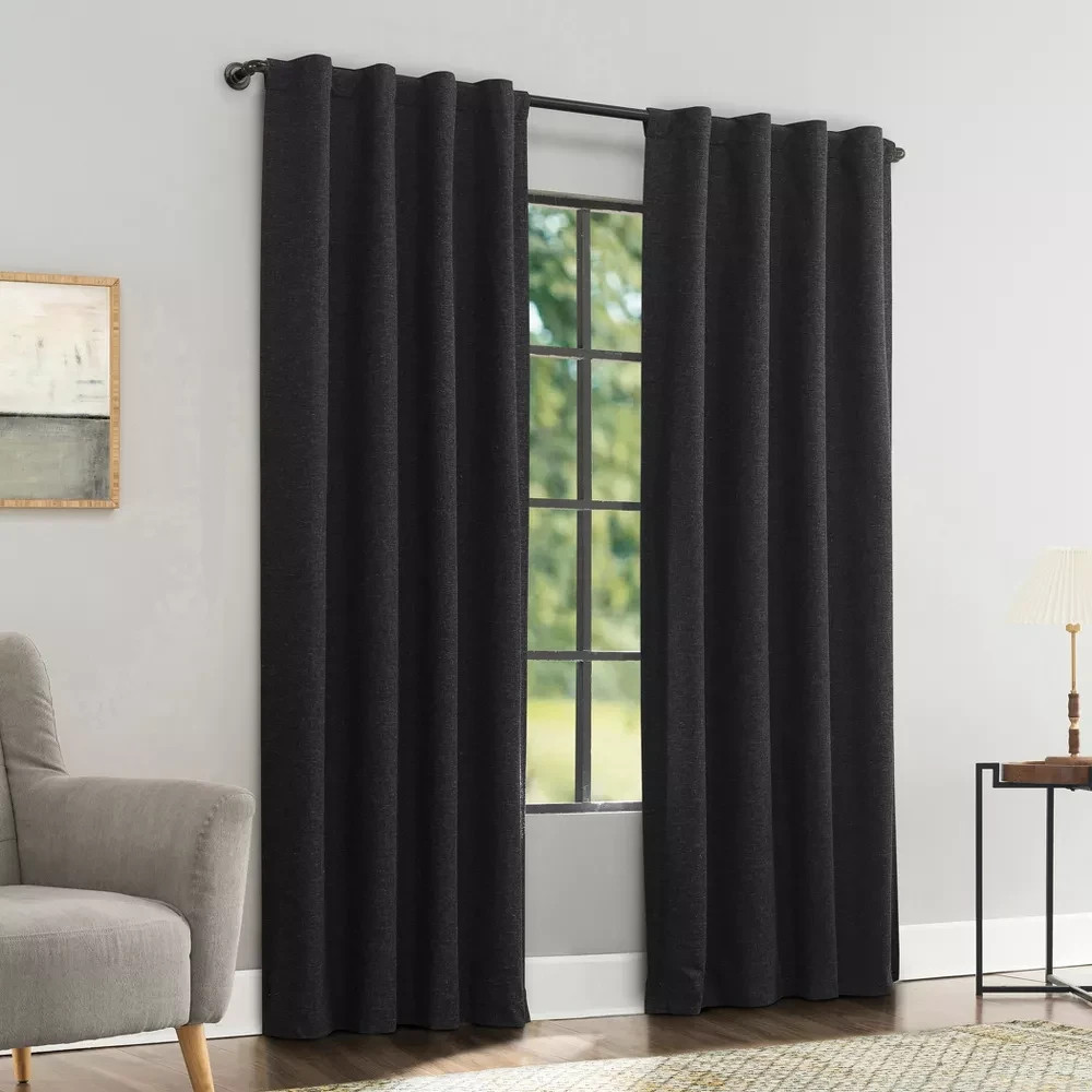 40″x96″ Sun Zero Treviso Linen Blend 100% Blackout Back Tab Curtain Panel Black